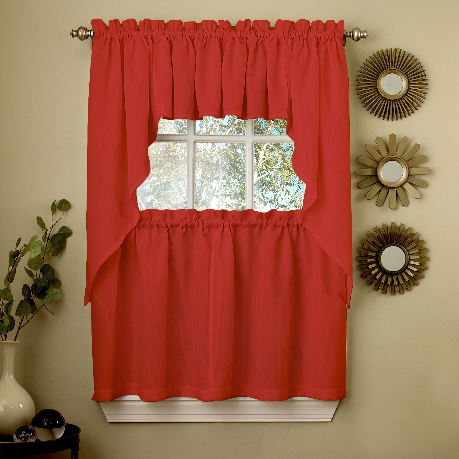 Red Opaque Solid Ribcord Kitchen Curtains Choice of Tier Valance or Swag