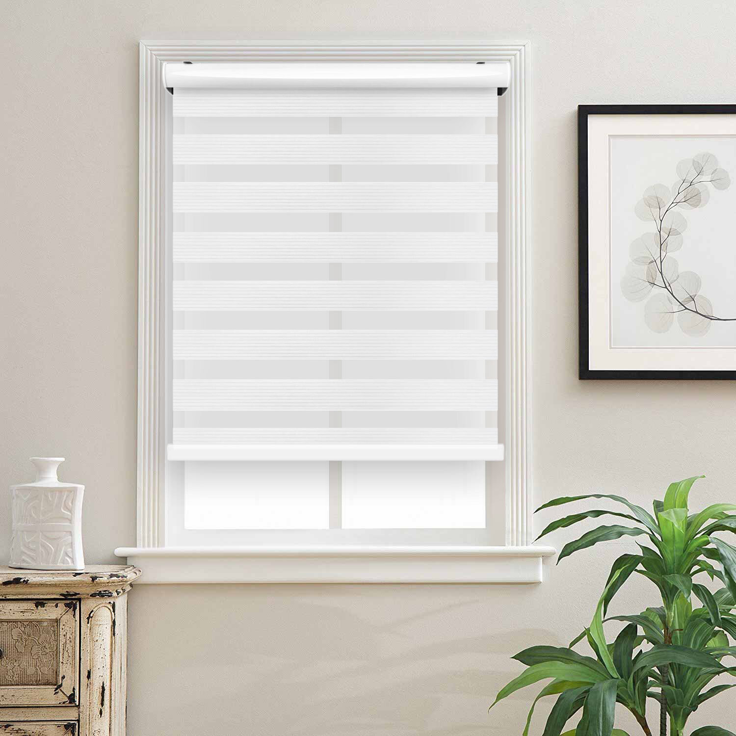Cordless Zebra Roller Blinds Shades Sheer or Privacy – White, 20″ to 72″W x 72″H
