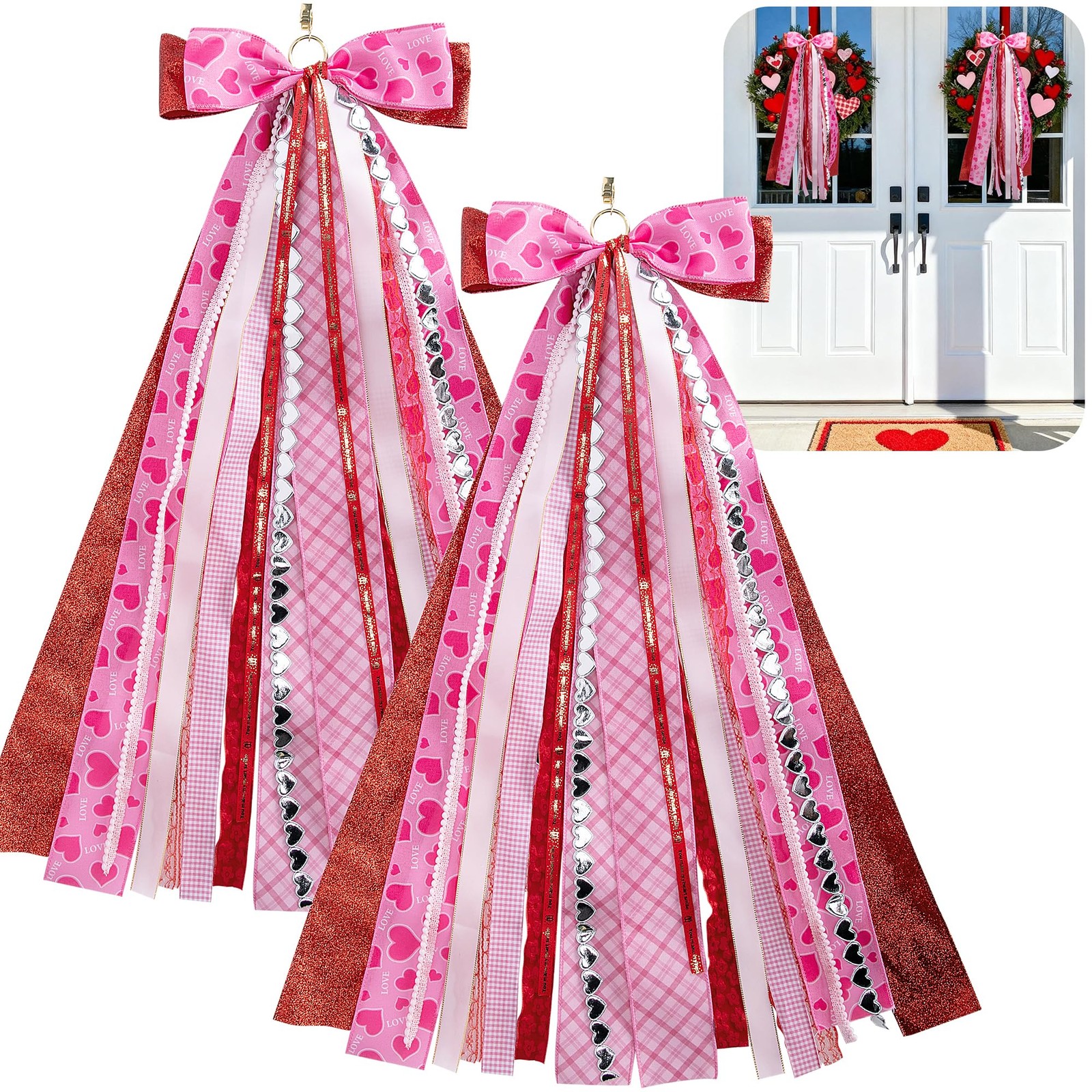 2 PCS Valentine Assorted Ribbon Bow Wreath 30×20 Inch Large Pink Sash Door
