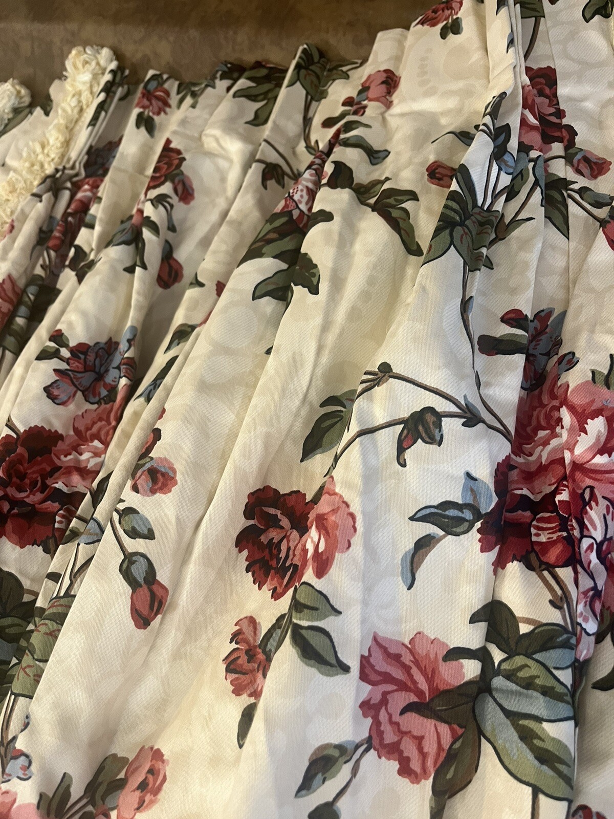 CUSTOM FLORAL WINDOW TREATMENT DESIGNER CHINTZ PANELS LINED TRIM CREAM 2