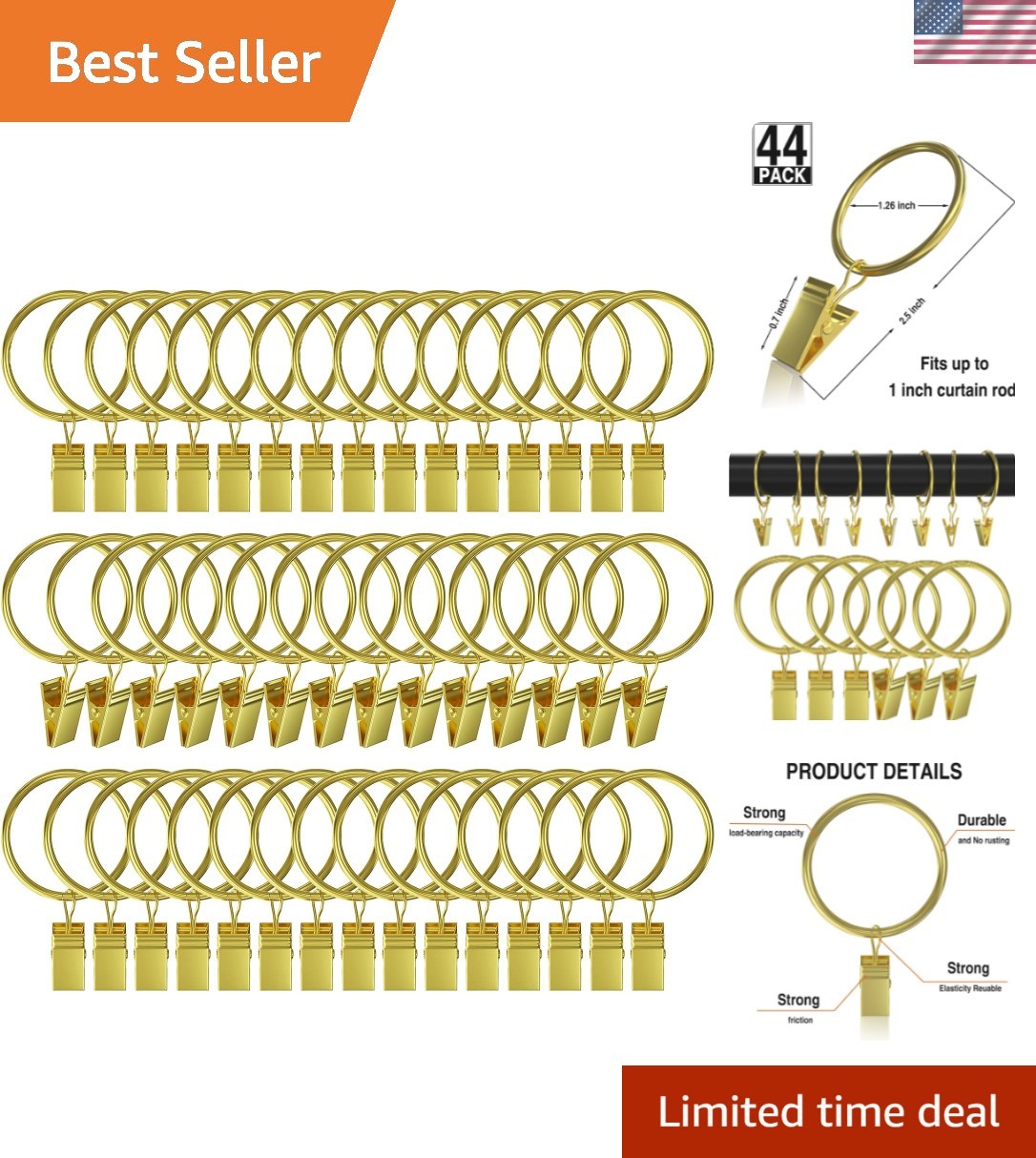 44 Pack Gold Curtain Rings with Clips, Curtain Clips for Drapes, Drapery Ring…