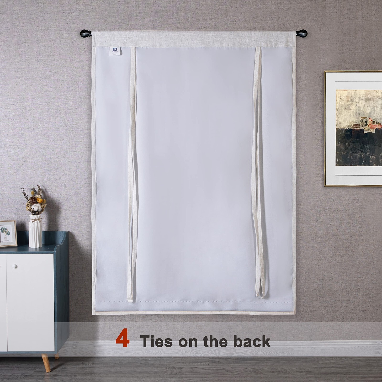 Linen Tie Up Shade Window Curtain Drape Ivory Rod Pocket for Kitchen Living Room