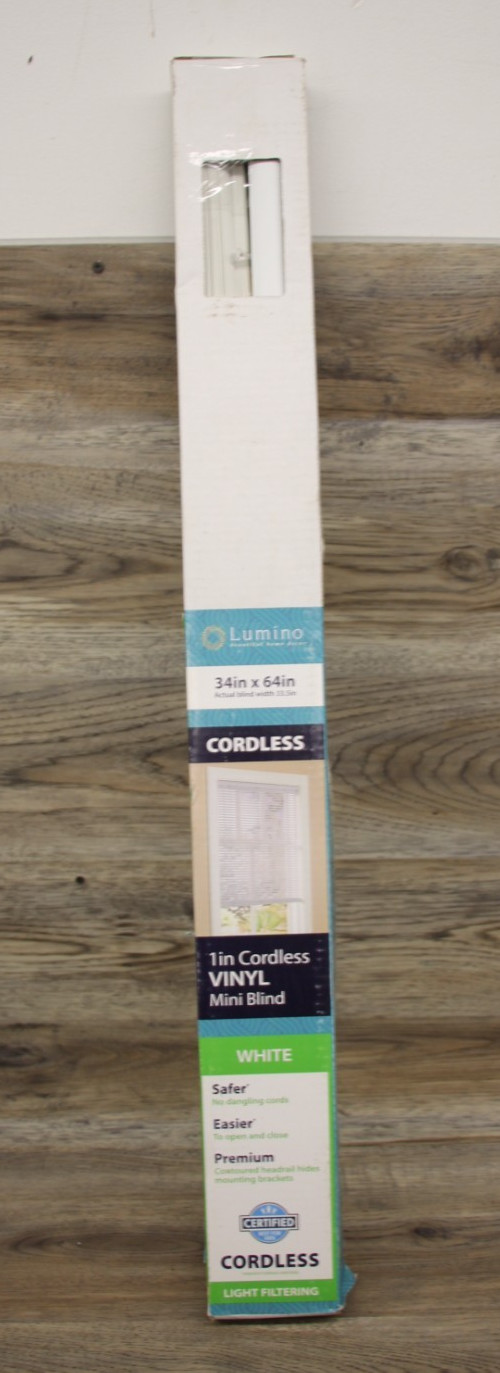 NEW Lumino Cordless Light Filtering Vinyl Mini Blind 34″ x 64″ White #7901931