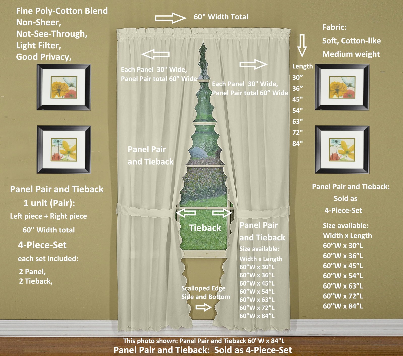 Today’s Curtain, Orleans Scallop Curtain, Ecru 63″ Panel Pair and Tieback,4Pi…