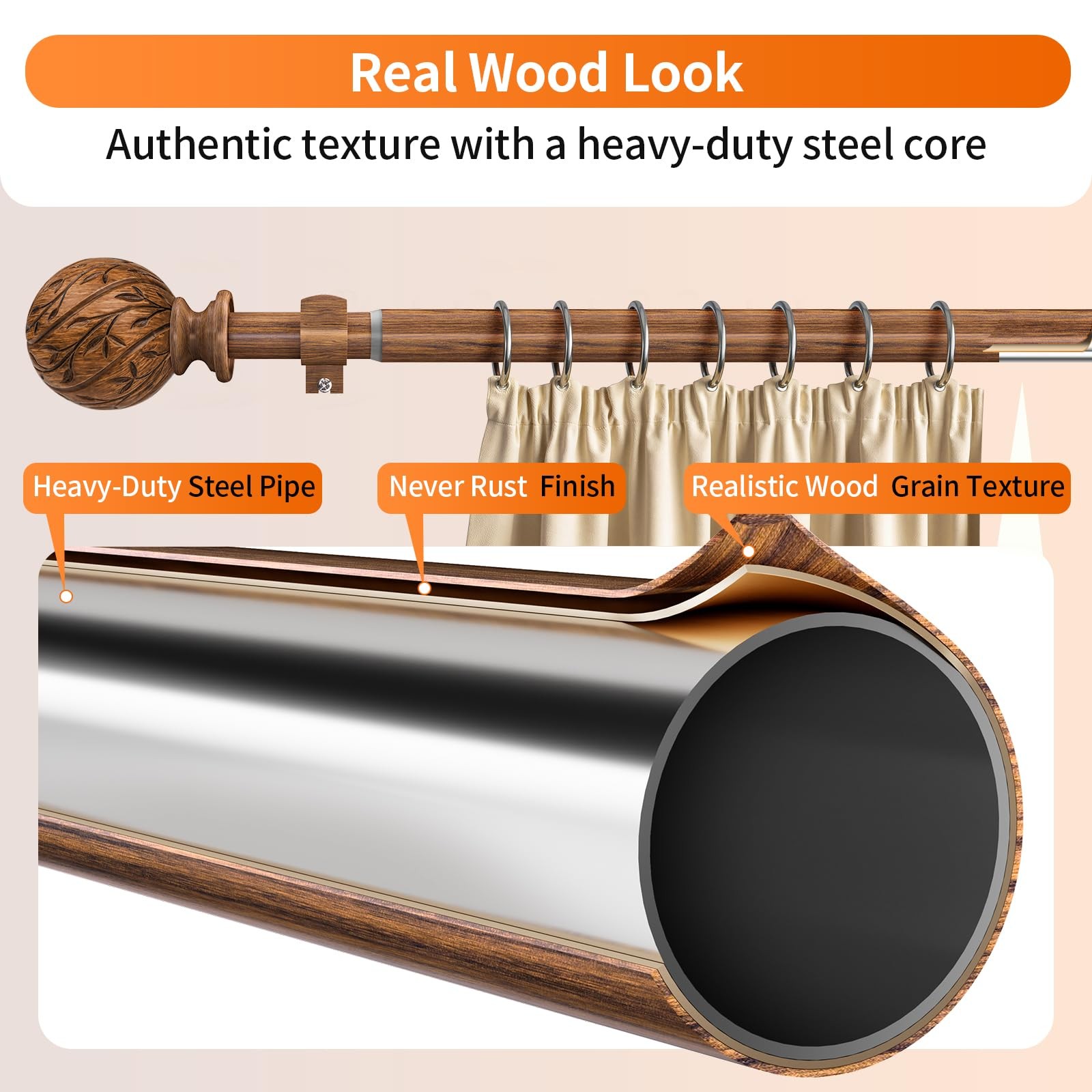 KVEEO Wood Curtain Rods for Windows 18 to 45 Inch, 1″ 18″-45″, Grain