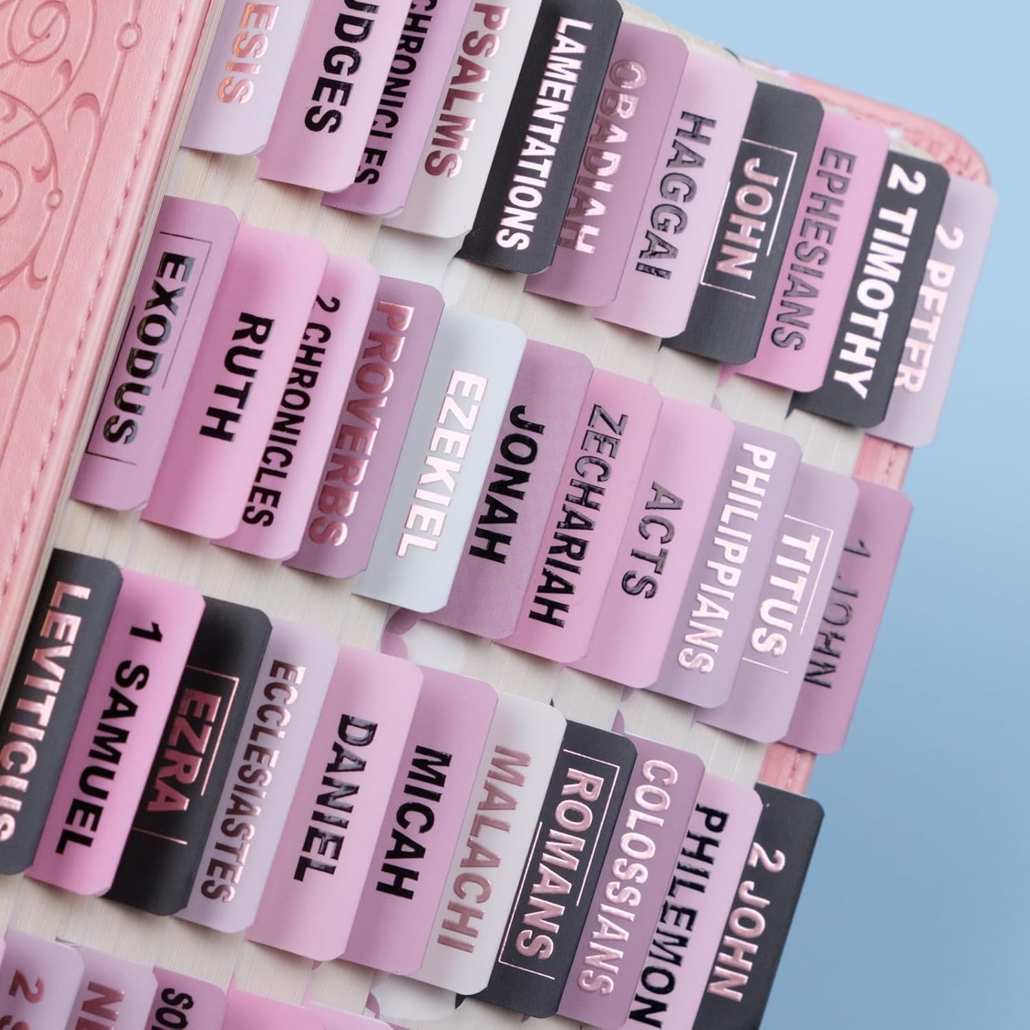 UPAFEXXI-Laminated Bible Tabs (Pink and Black Foil Embossed Lettering), Pink1