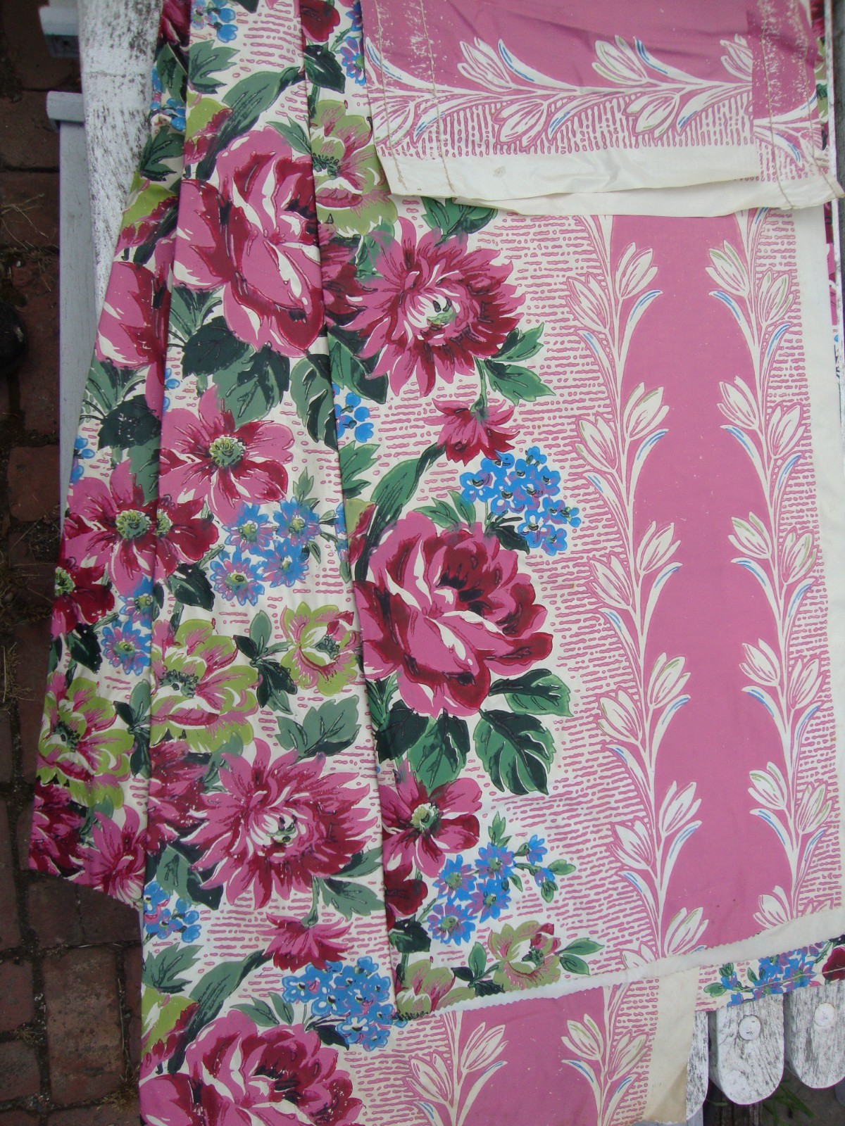Vintage Mid Century Modern Floral 1940s Curtains 2 Pairs 2 Valances Pink Vinyl