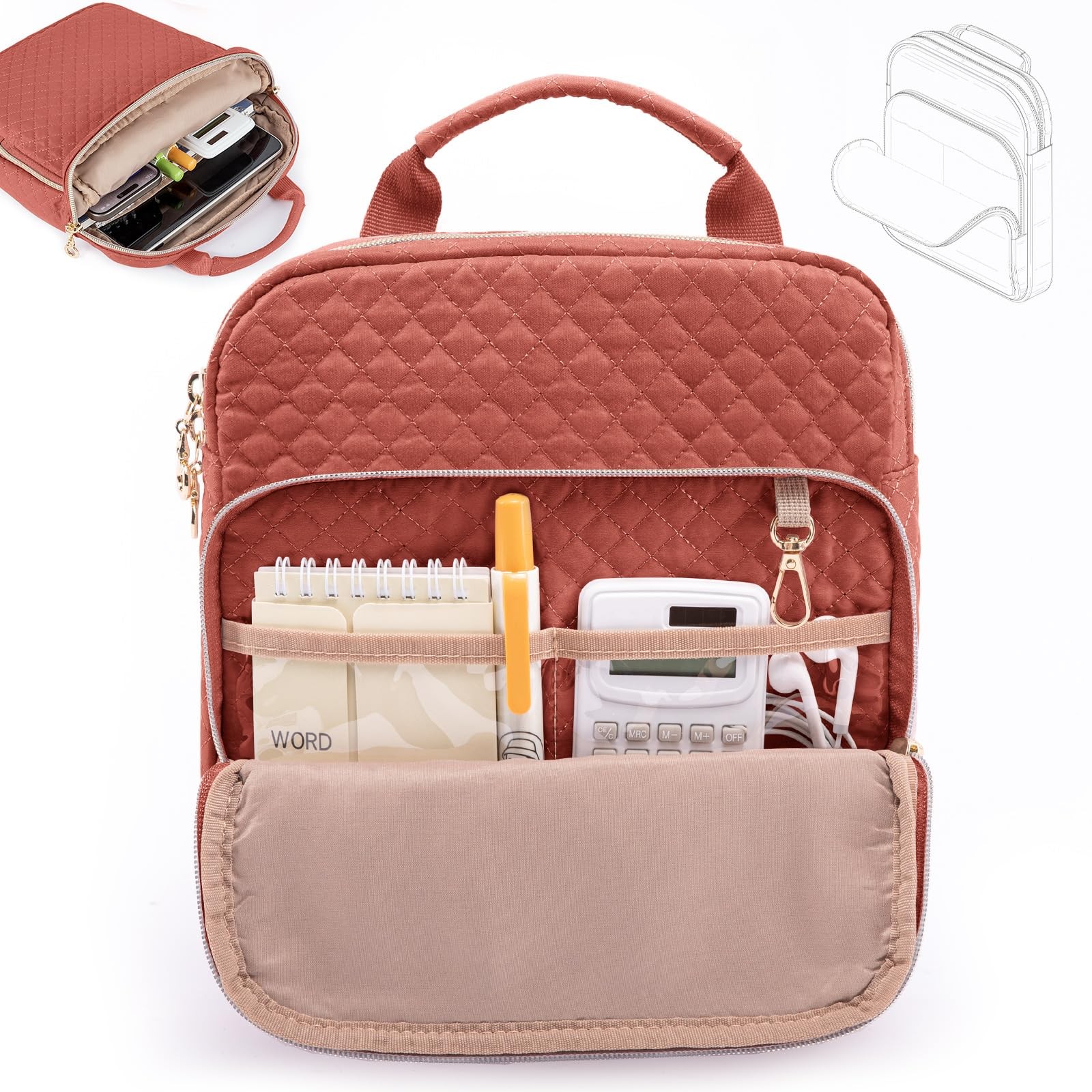 Book Sleeve with Zipper Pouch,Quilted 11.5″ x 9″ x 3″, Rosewook Pink
