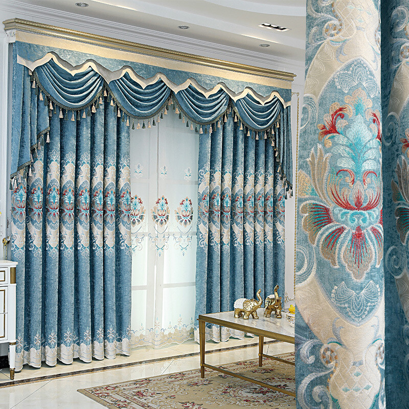 Thick European Chenille embroidered blue cloth curtain tulle valance drape C1418