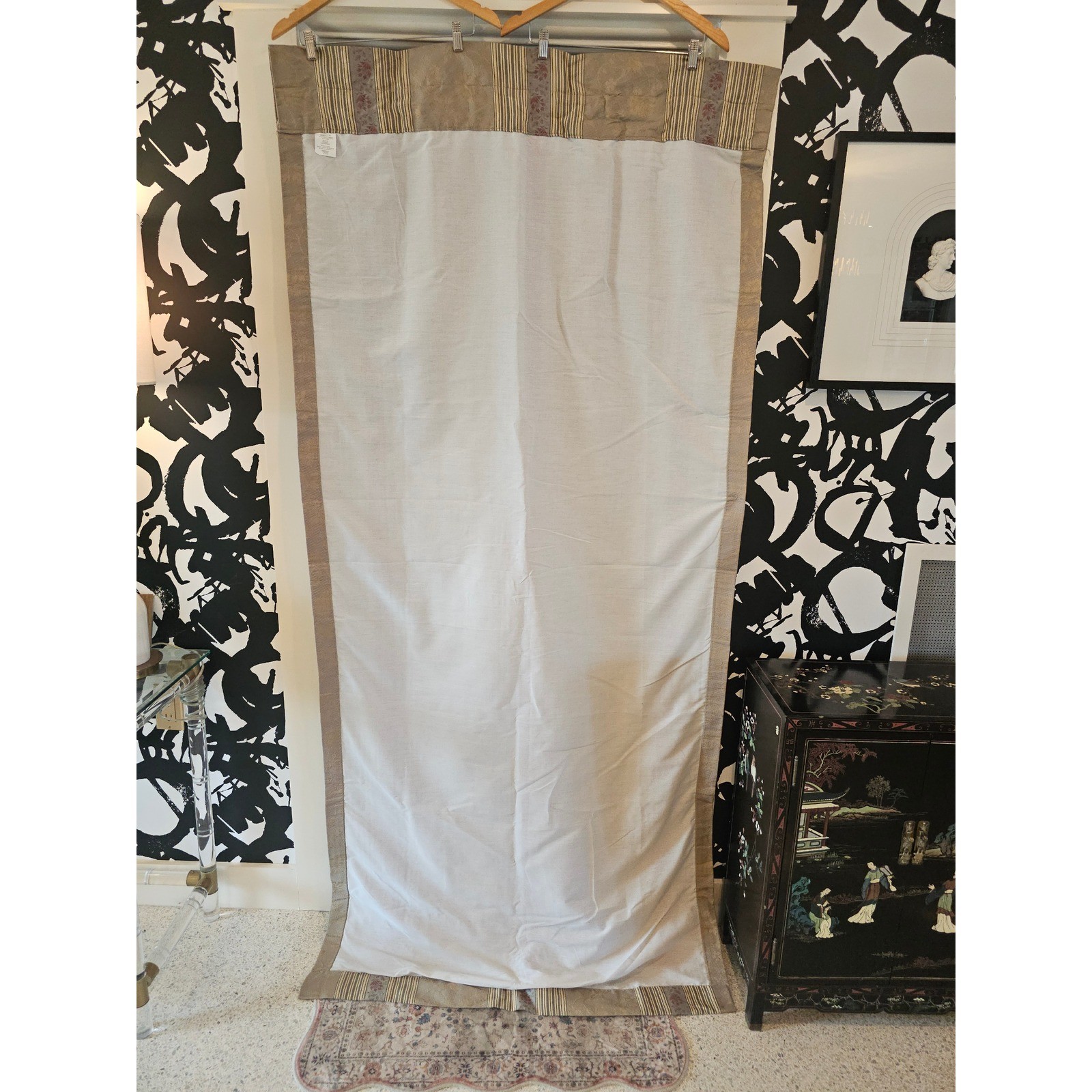 Vintage 90s Wamsutta Lined WindowCurtain Panel 80×84 Floral Damask Striped Taupe