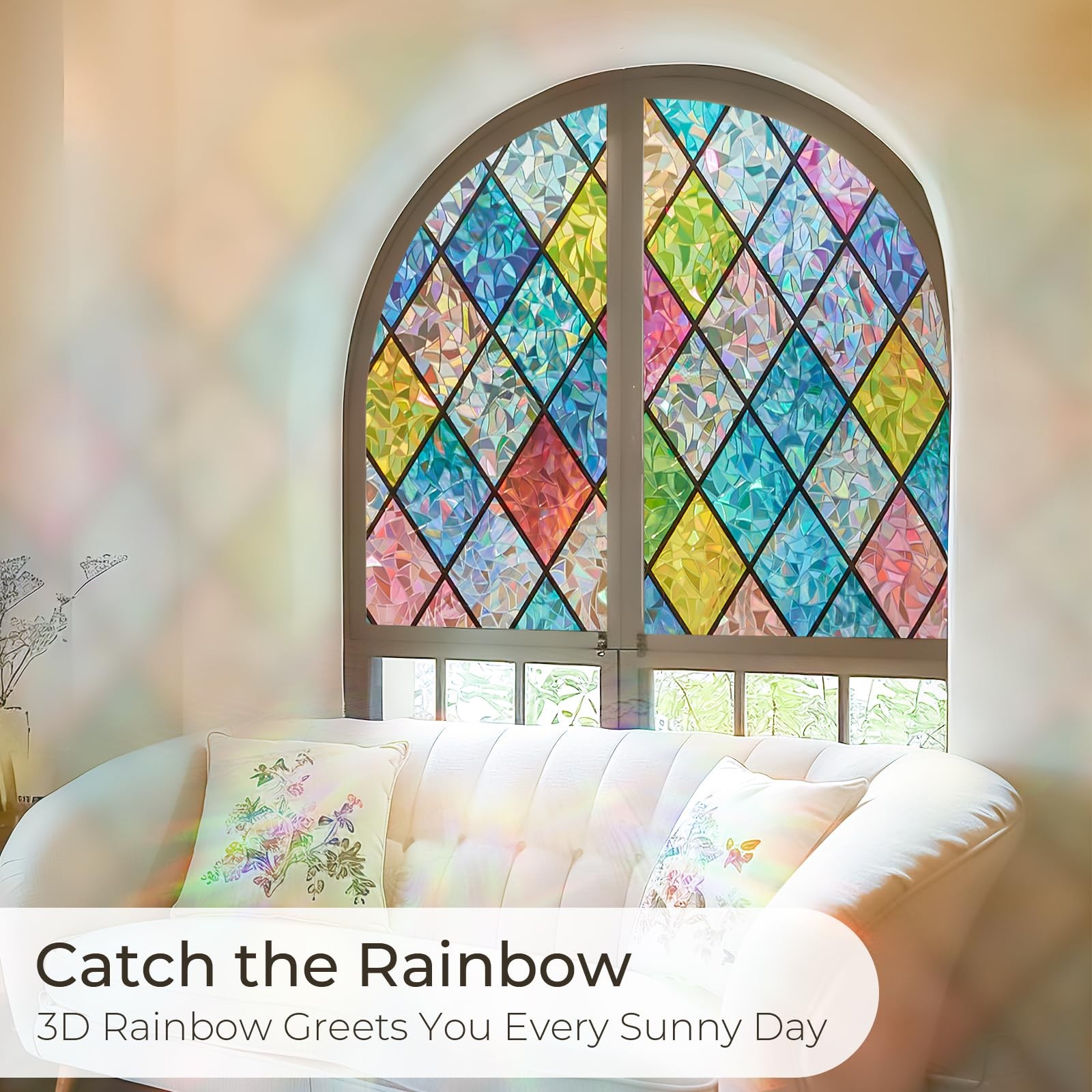 Window Privacy Film Stained Glass,Rainbow Window Film Decorative Peel and Stick
