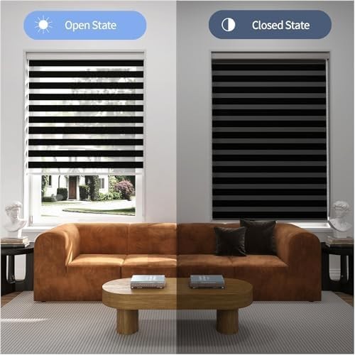 Zebra Blinds for Windows 20″ W x 72″ H Black Corded Dual Layer Light Filtering