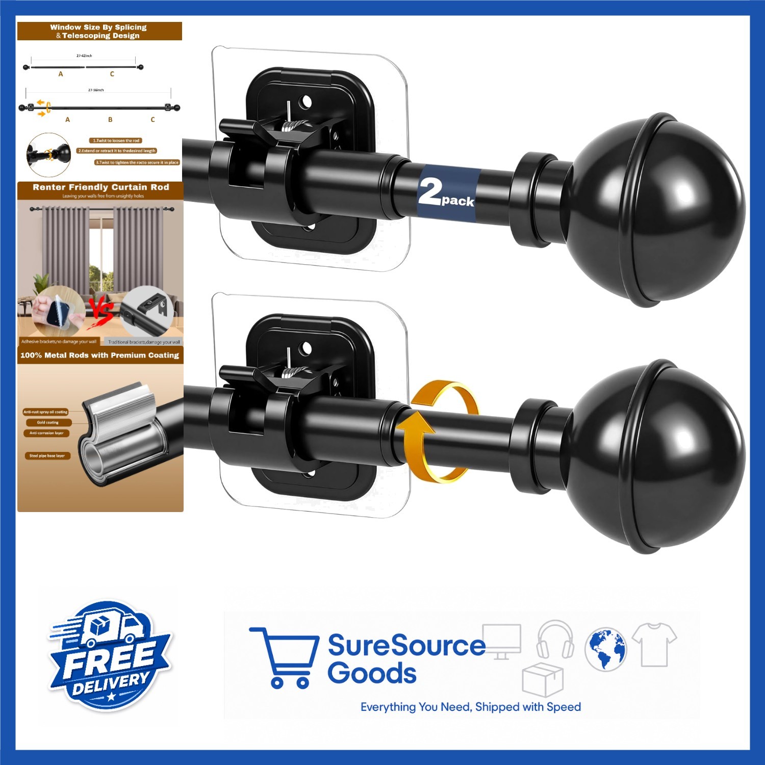 Adhesive Curtain Rod No Drilling 27 to 56 Inch Adjustable Black Stainless Steel