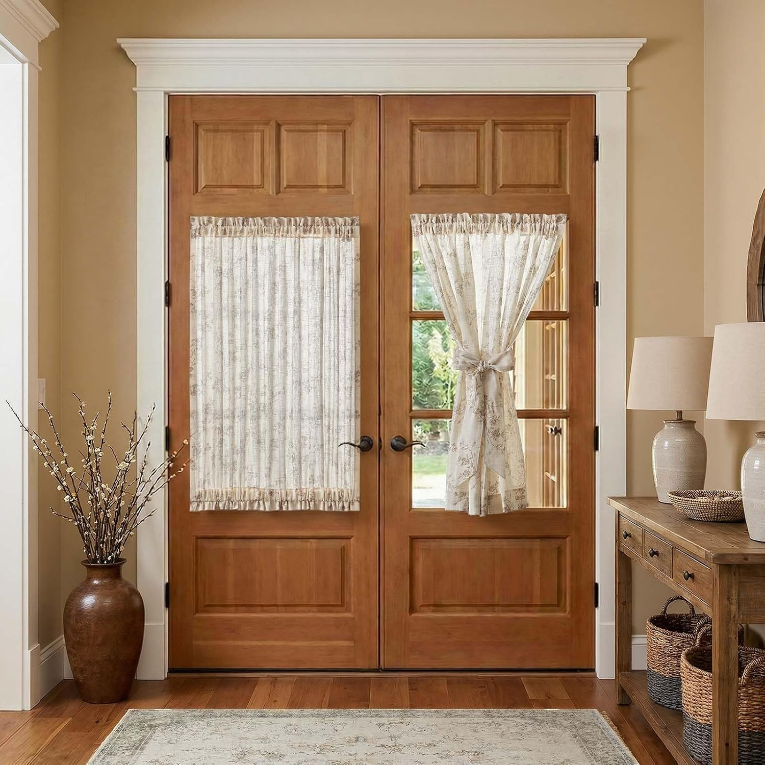 jinchan Floral French Door Curtain Panel Farmhouse Decor Light Filtering Linen w