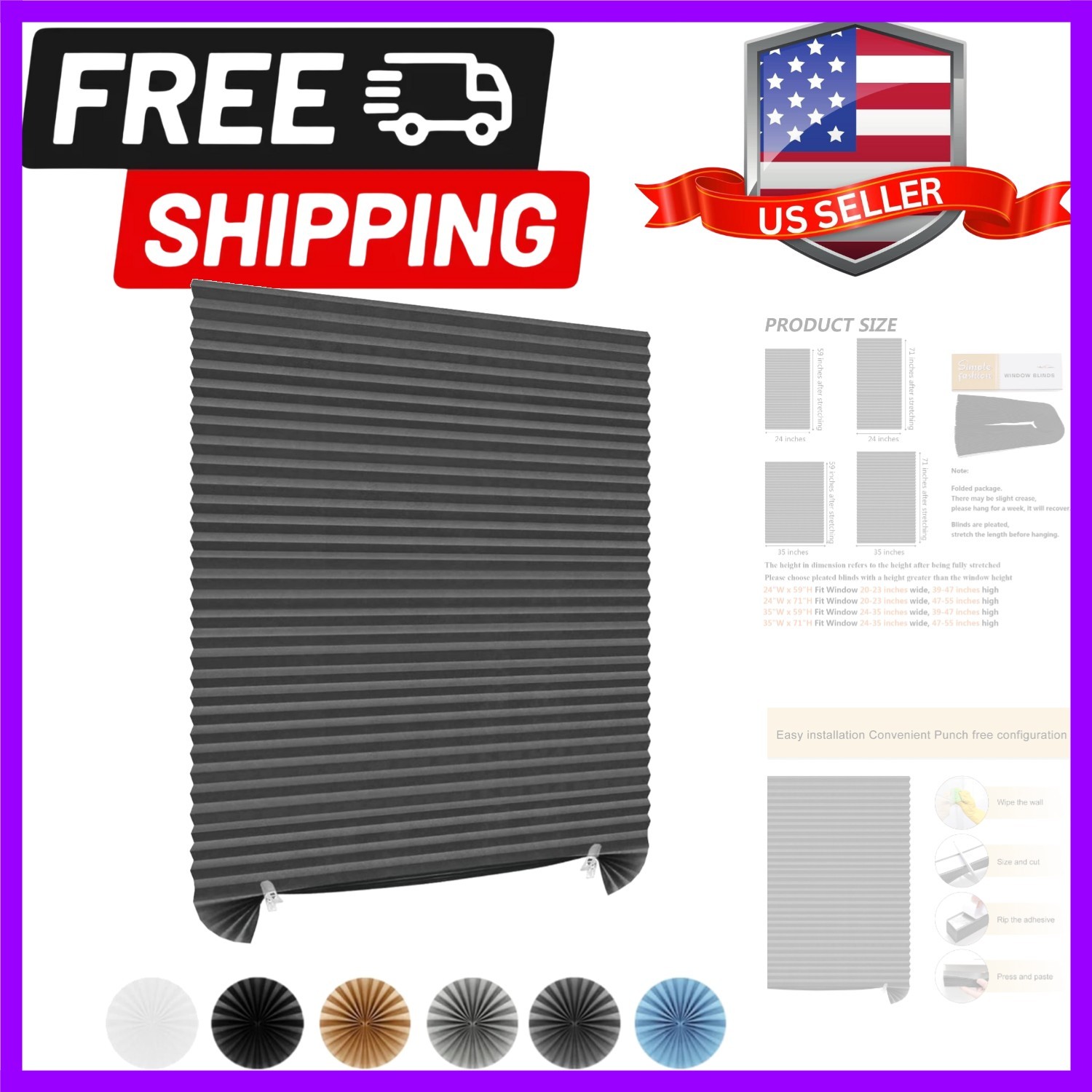 Window Blinds Cordless Blackout No Drill Cut to Size Clip On Stick On Self Ad…
