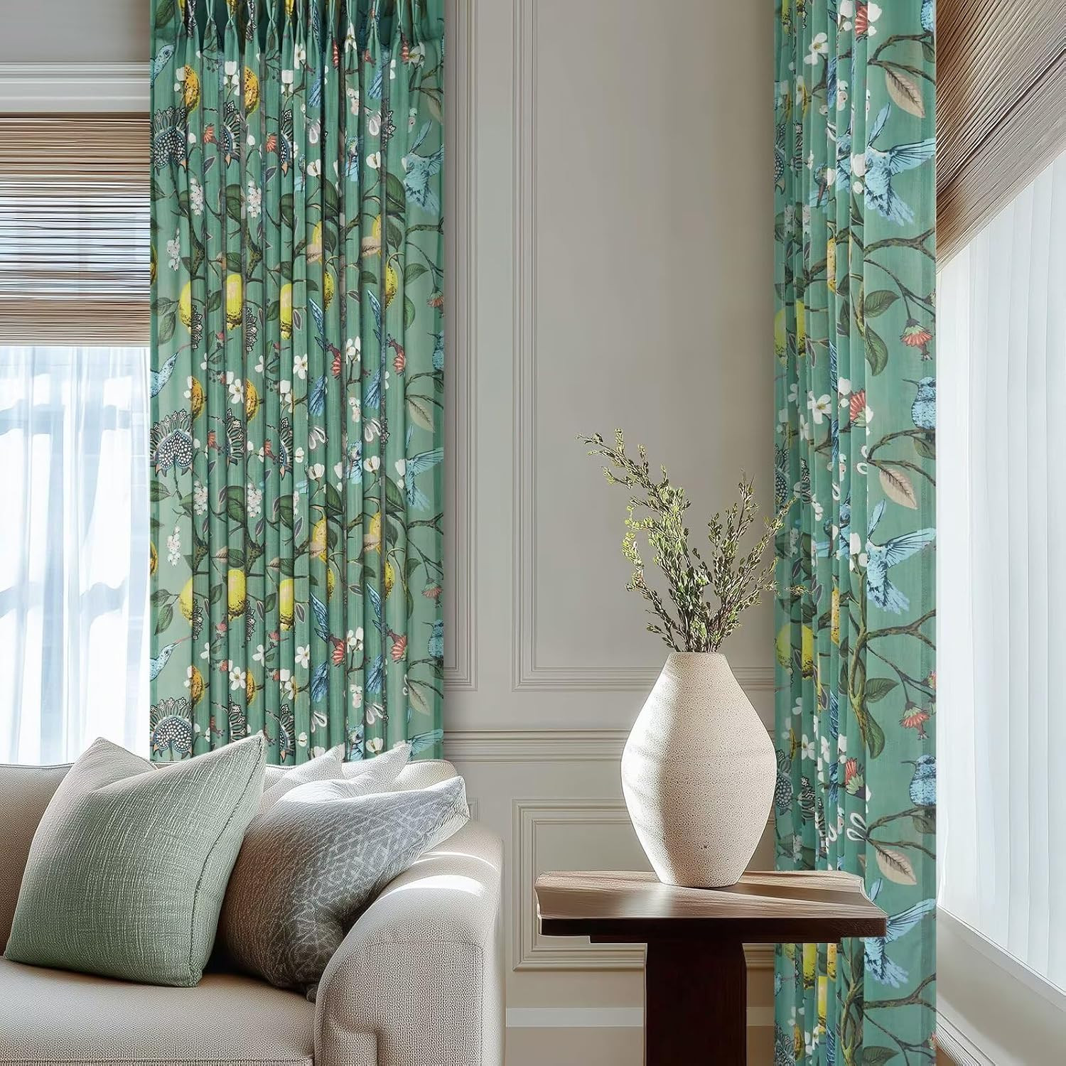 Sage Green Floral Semi Sheer Curtains 84 Inch 2 Panel Linen Look Pinch Pleat