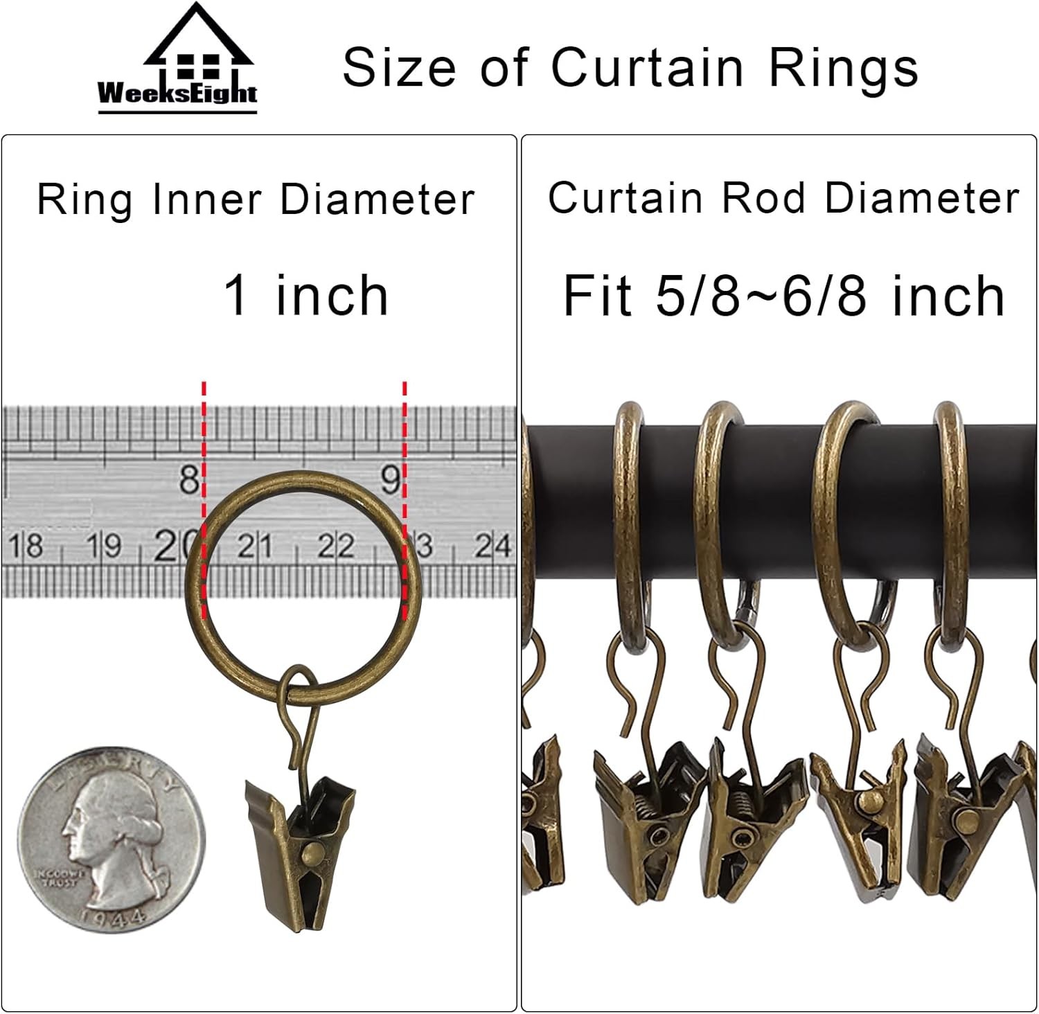 WeeksEight 44 Pack Bronze Curtain Rings with Clips, Curtain Hooks Hangers Cli…