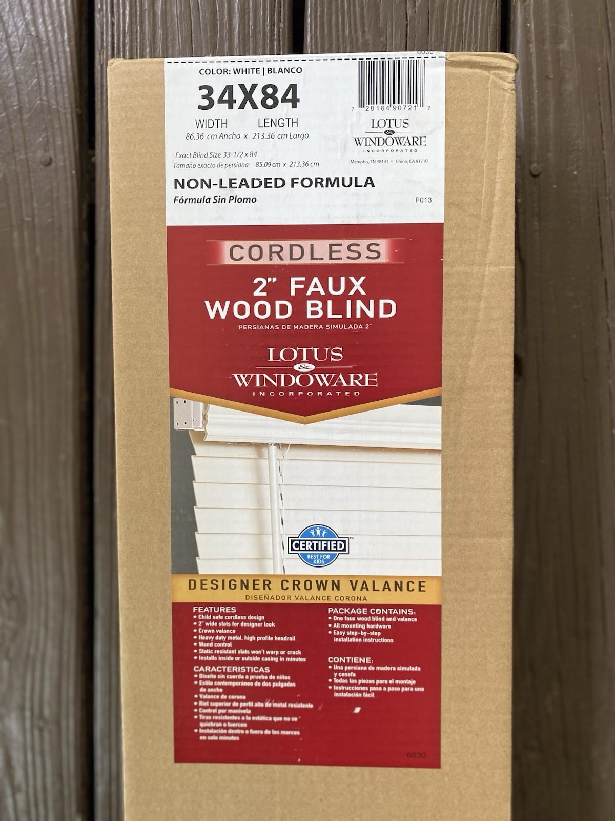 Lotus Windoware Cordless Faux Wood Blind White 34×84 2in New In Box