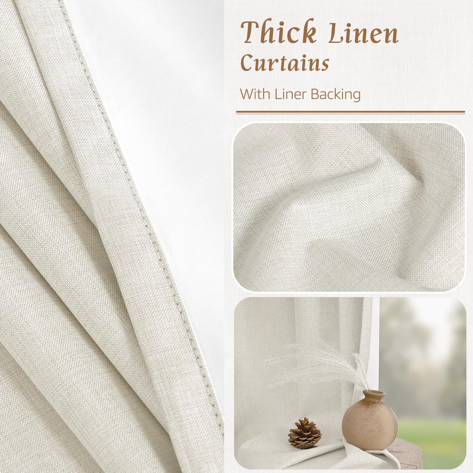 100% Blackout Natural Polyester Curtains, 63 Inches Linen Textured Thermal Be…