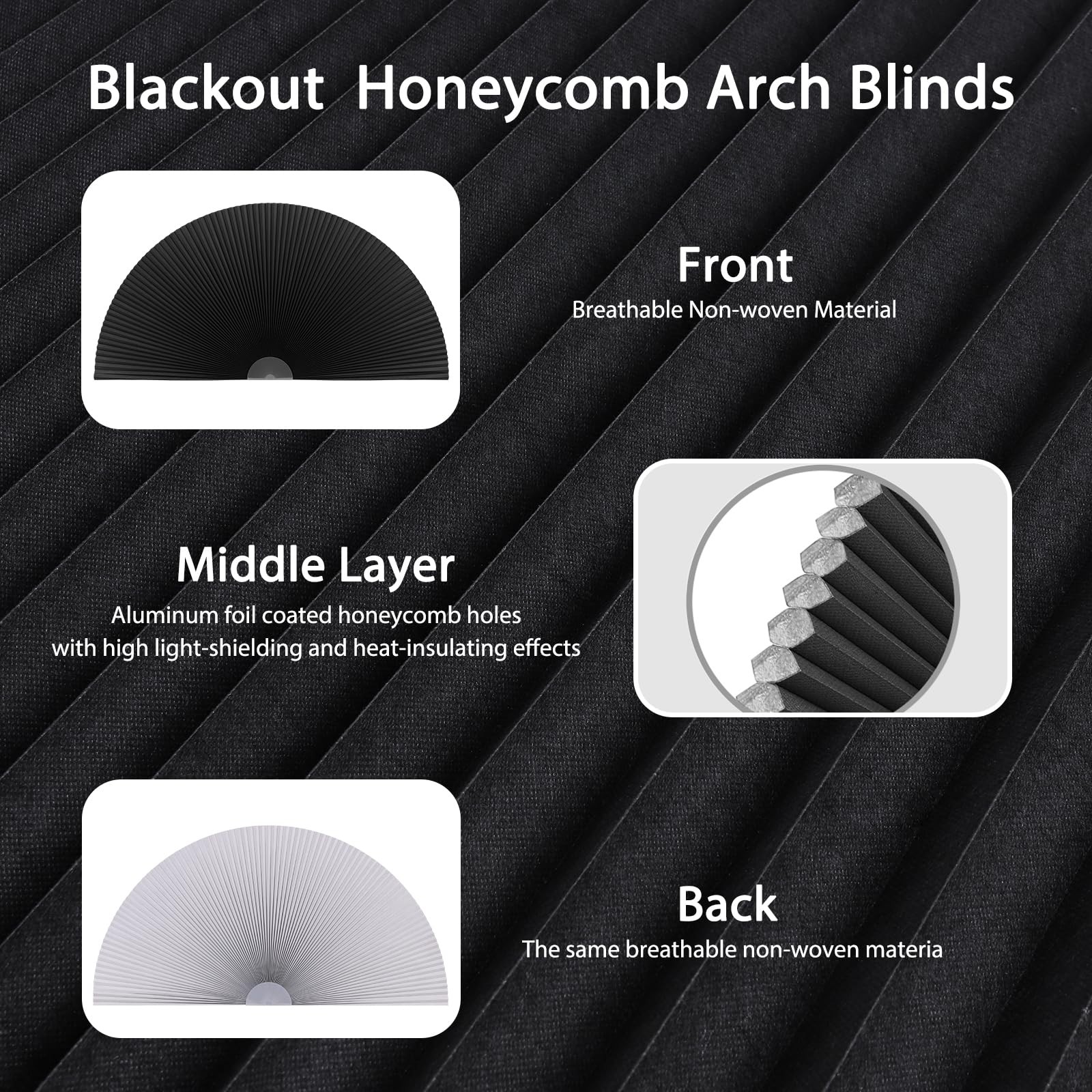 Arch Window Shade Blackout Cellular Shades Half Circle 24″W x 12″H, Black