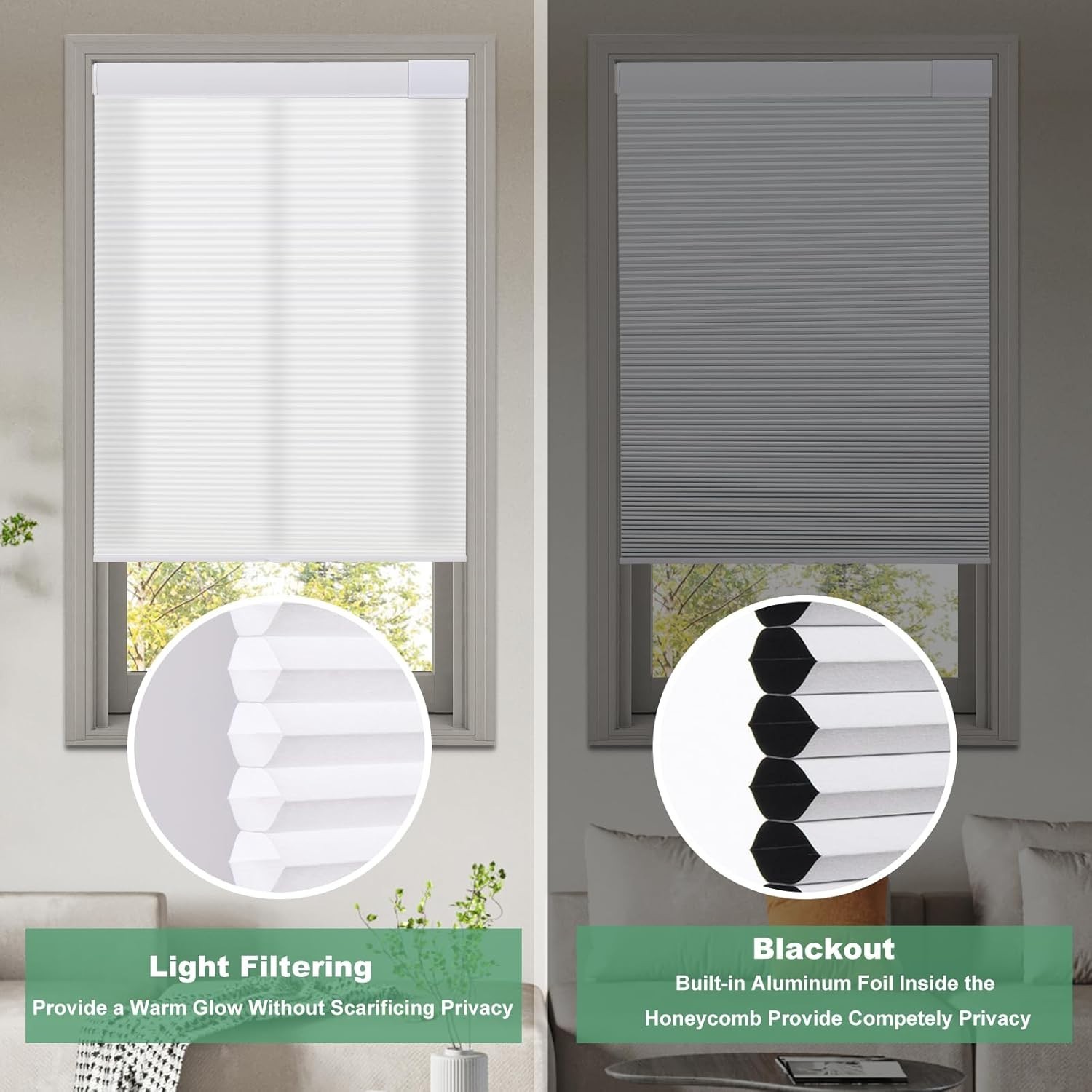 No Drill Cellular Shades for Indoor Windows Honeycomb Blinds 57 1/2″ W x 64″ H