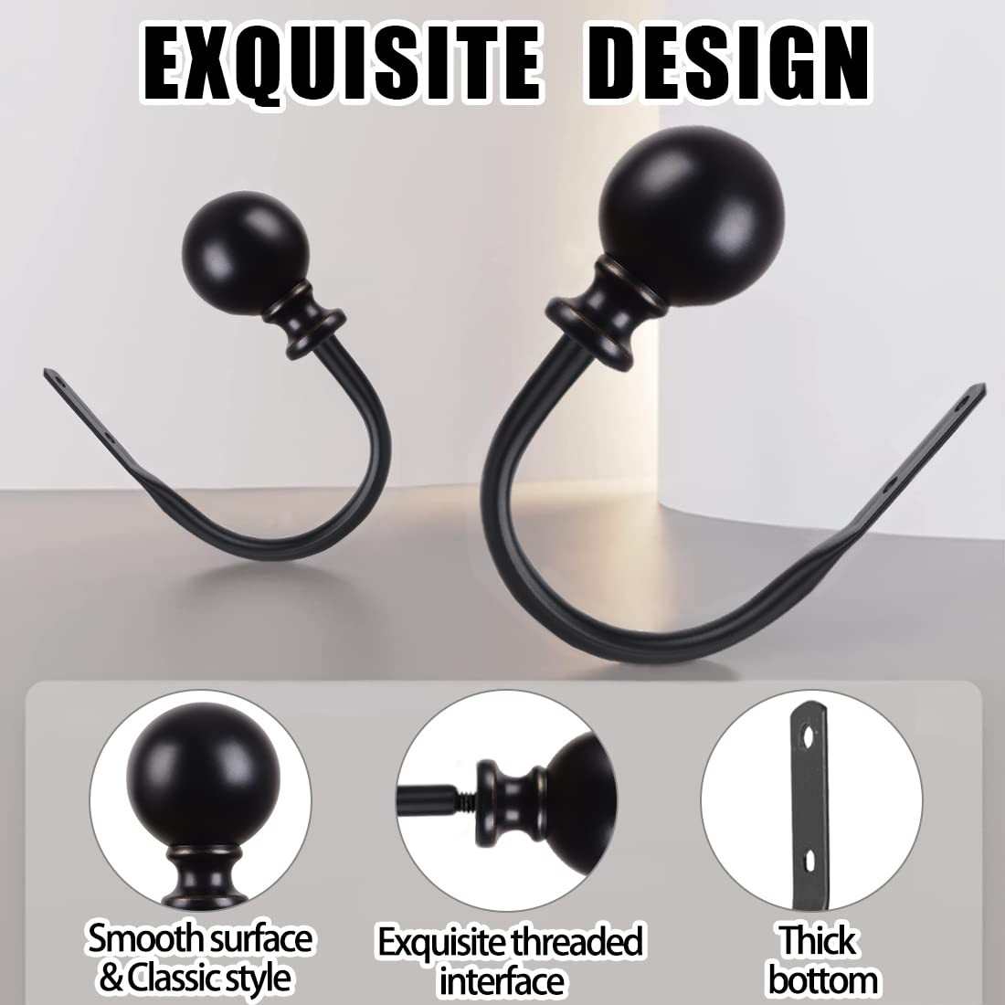 Curtain Holdbacks, Black Curtain Tiebacks Wall Mounted with Round Finials, Me…