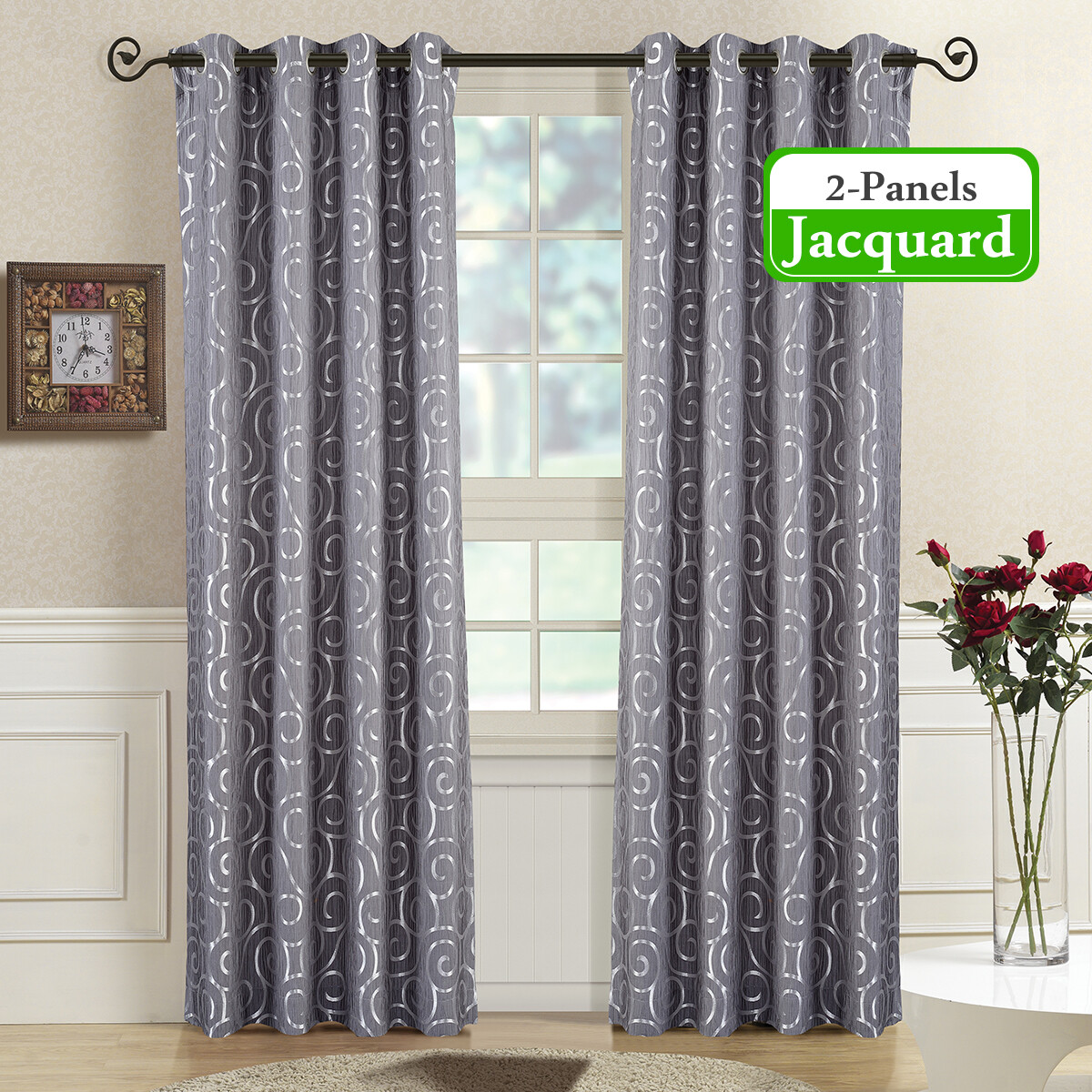 2 Panels Tuscany Abstract Jacquard Grommet Top Window Drapes & Curtains
