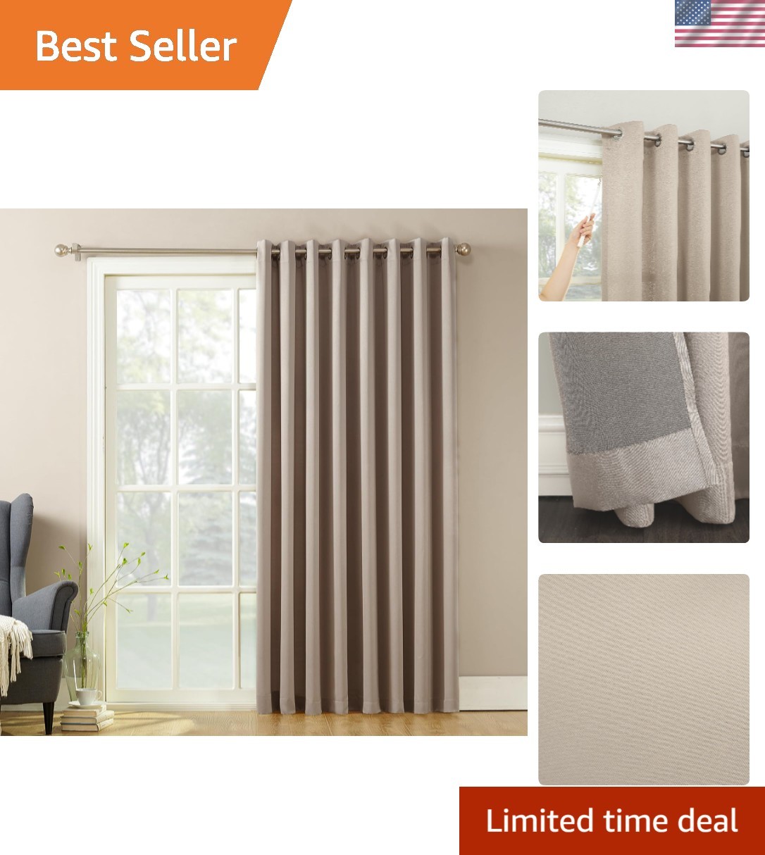 Barrow Energy Efficient 100″ x 84″ Grommet Sliding Patio Curtain – Stone Beige