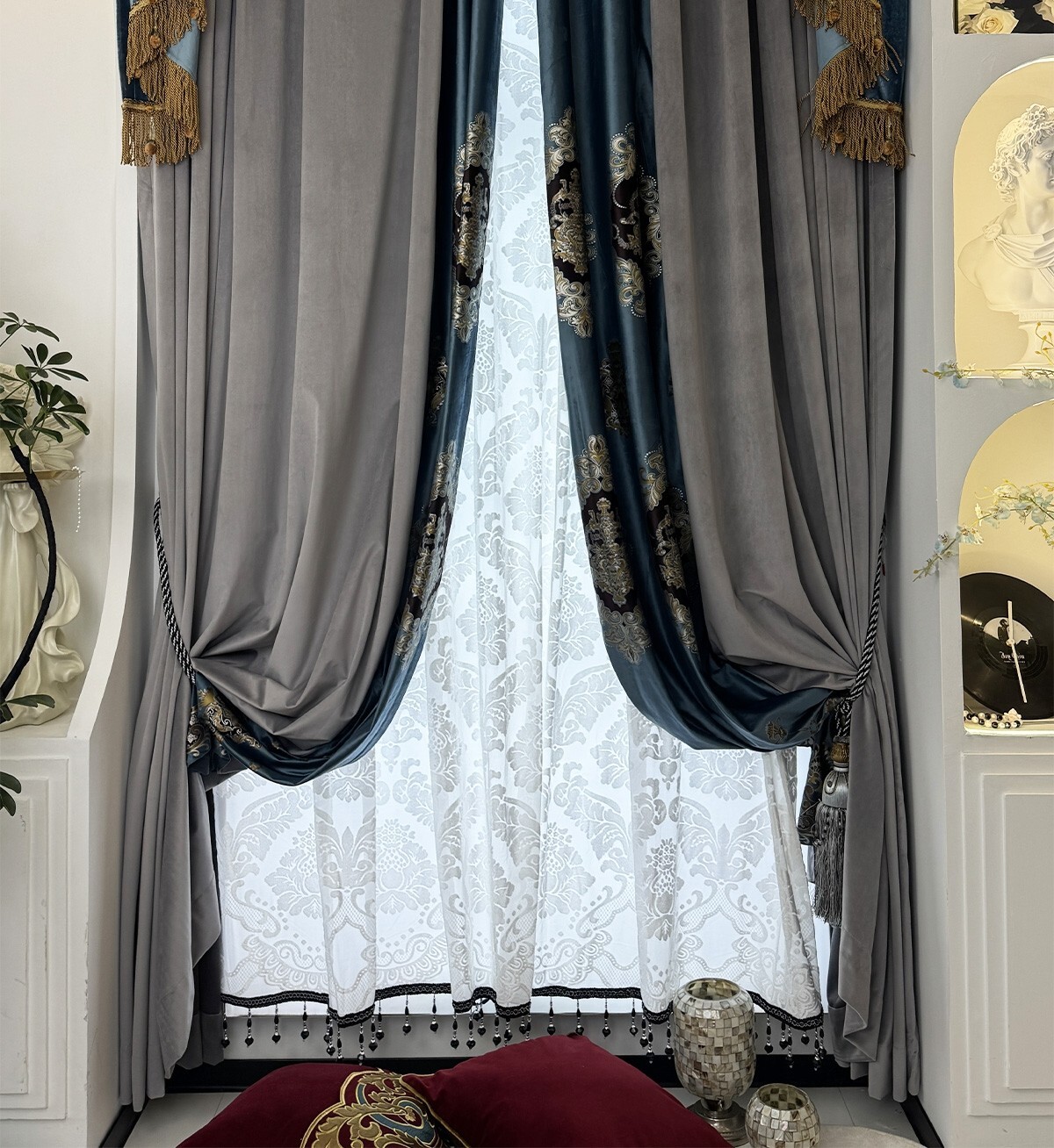 European elegant velvet splicing grey thick cloth curtain valance drape C2145