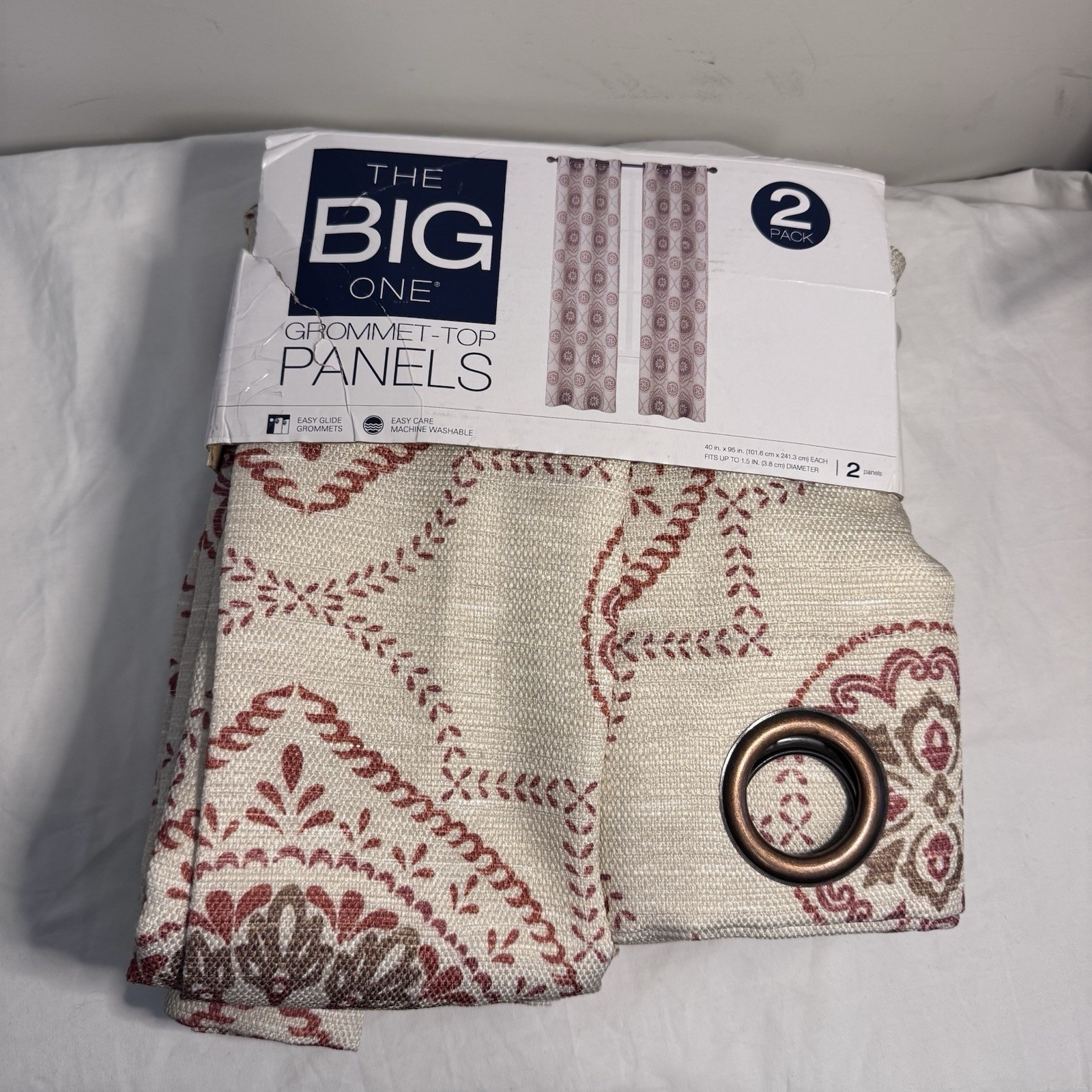 Pair Of Window Panels Grommet Cream And Tan Patterned 40 x 95 Inches New Package