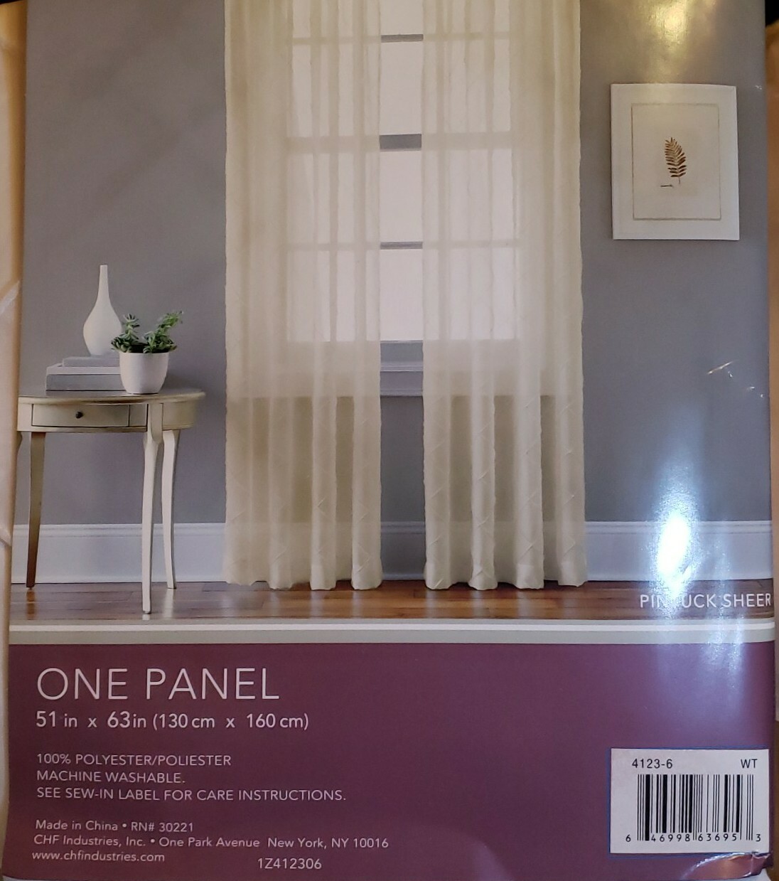 New! CHF Pintuck SHEER Window Curtain one Panel 51″x63″ white