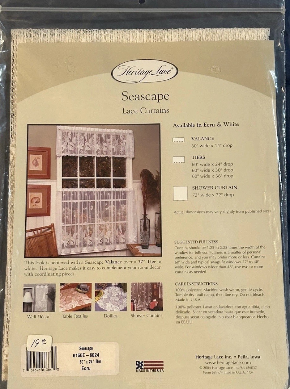 Heritage Lace Curtains Set: Seascape : 60×24 Tier, 60×14 Valance ..Ecru.. New