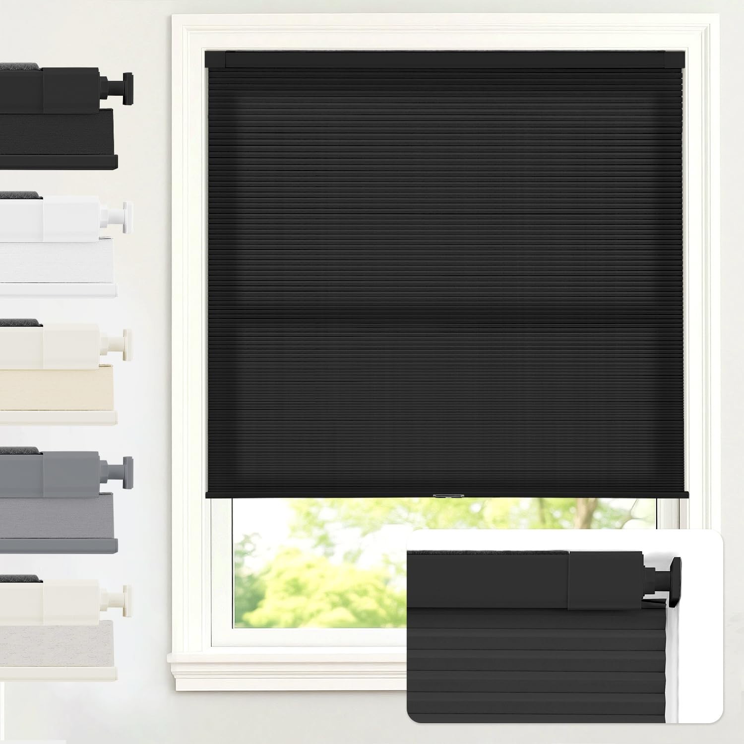 34×48 No Drill Cordless Light Filtering Cellular Shade – Black Window Covering