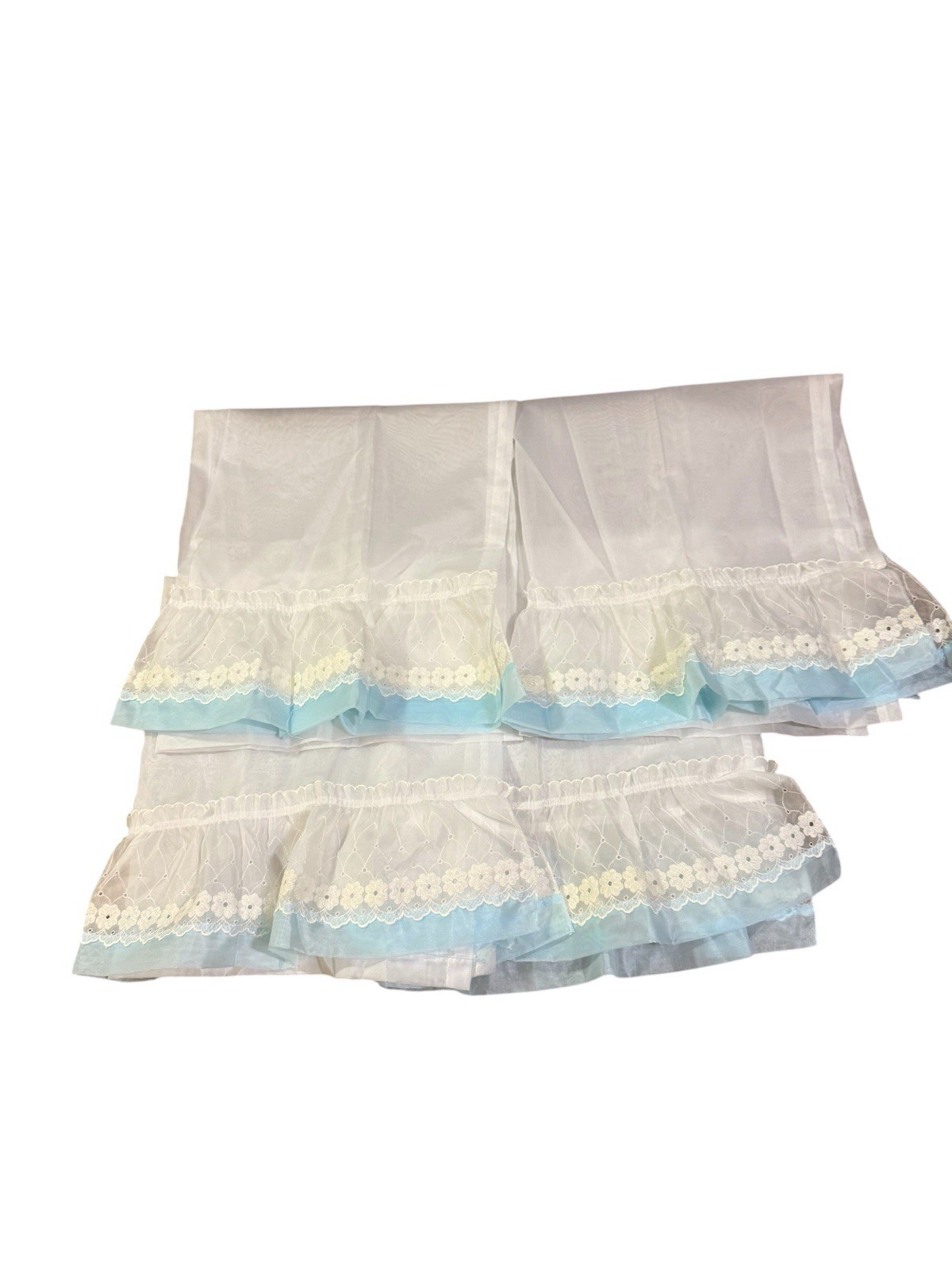 Vintage Sheer Curtain Panels Set Of 4 Eyelet Floral Lace Ruffle White Blue