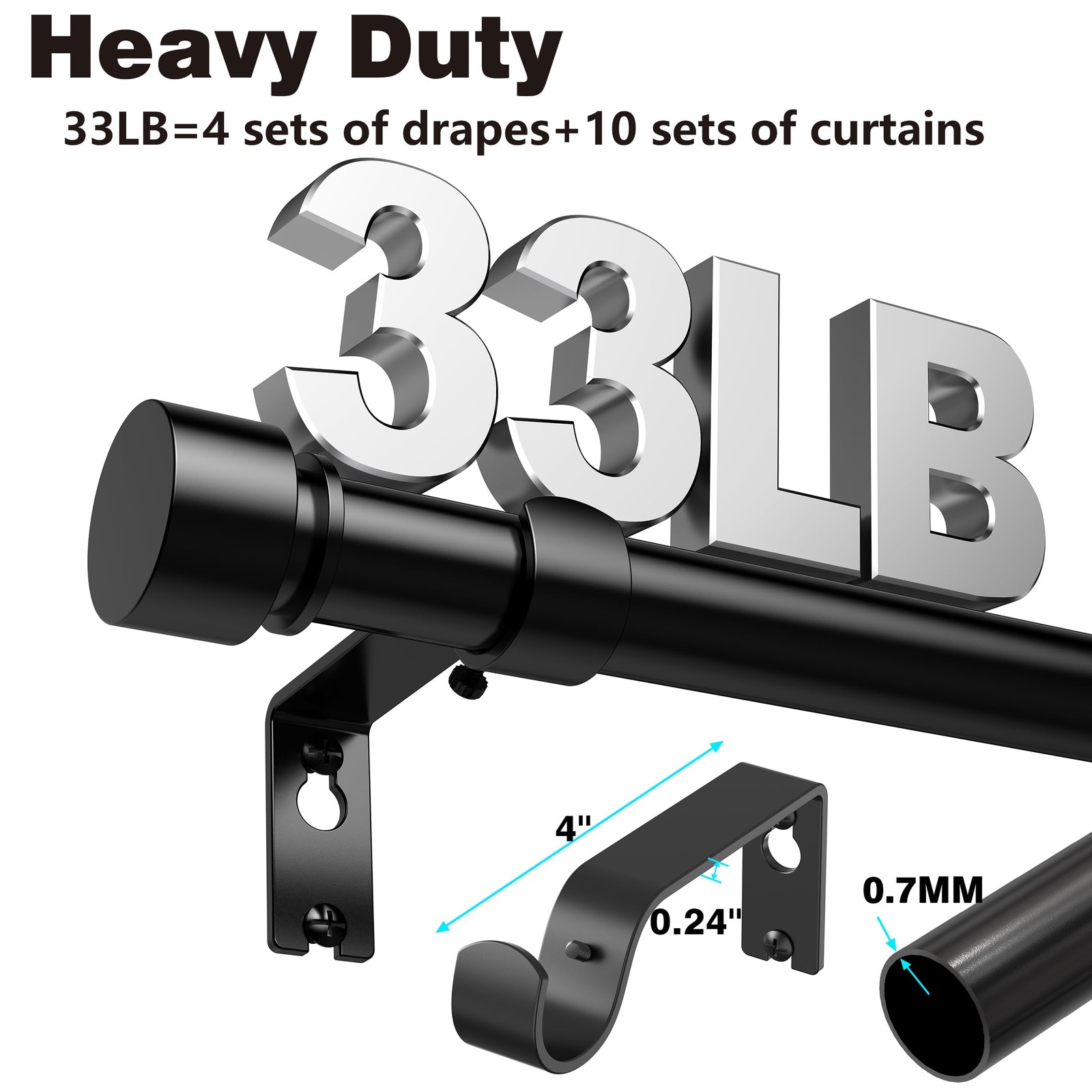 17-178 inch Adjustable Curtain Rod Heavy Duty 15 ft Matte Black 1 inch Thick