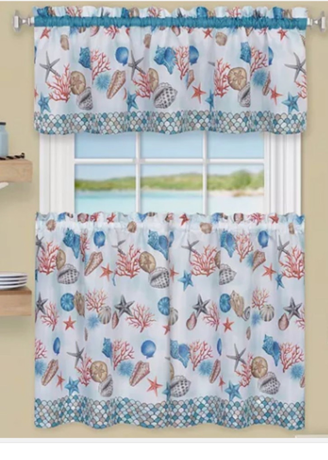 3 PC Kitchen Curtain Set COASTAL Shells Coral Sand Dollars 57”x13.5” and 36”x28”