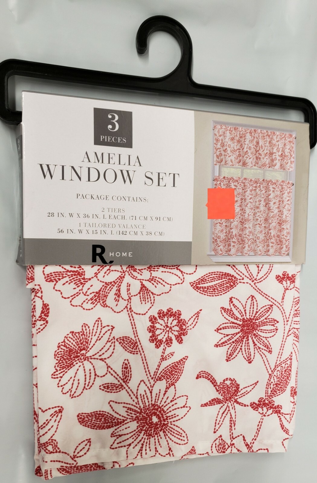 Kitchen Window Curtains Set:2 Tiers(28×36″)&Valance(56×15″)RED FLOWERS,AMELIA,RH