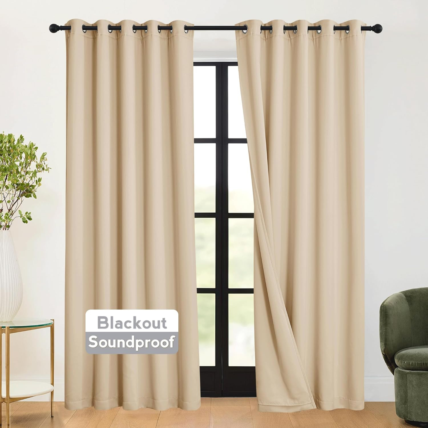 3-in-1 Soundproof Blackout Curtains, Biscotti Beige, 2 Panels