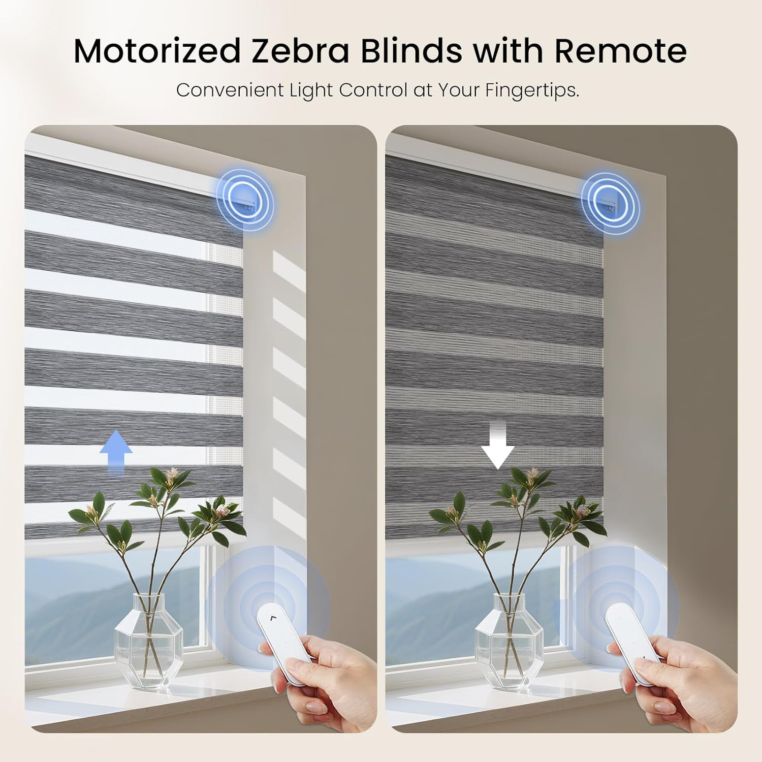 Smart Motorized Zebra Blinds with Remote Control – Hemp Grey 32″x72