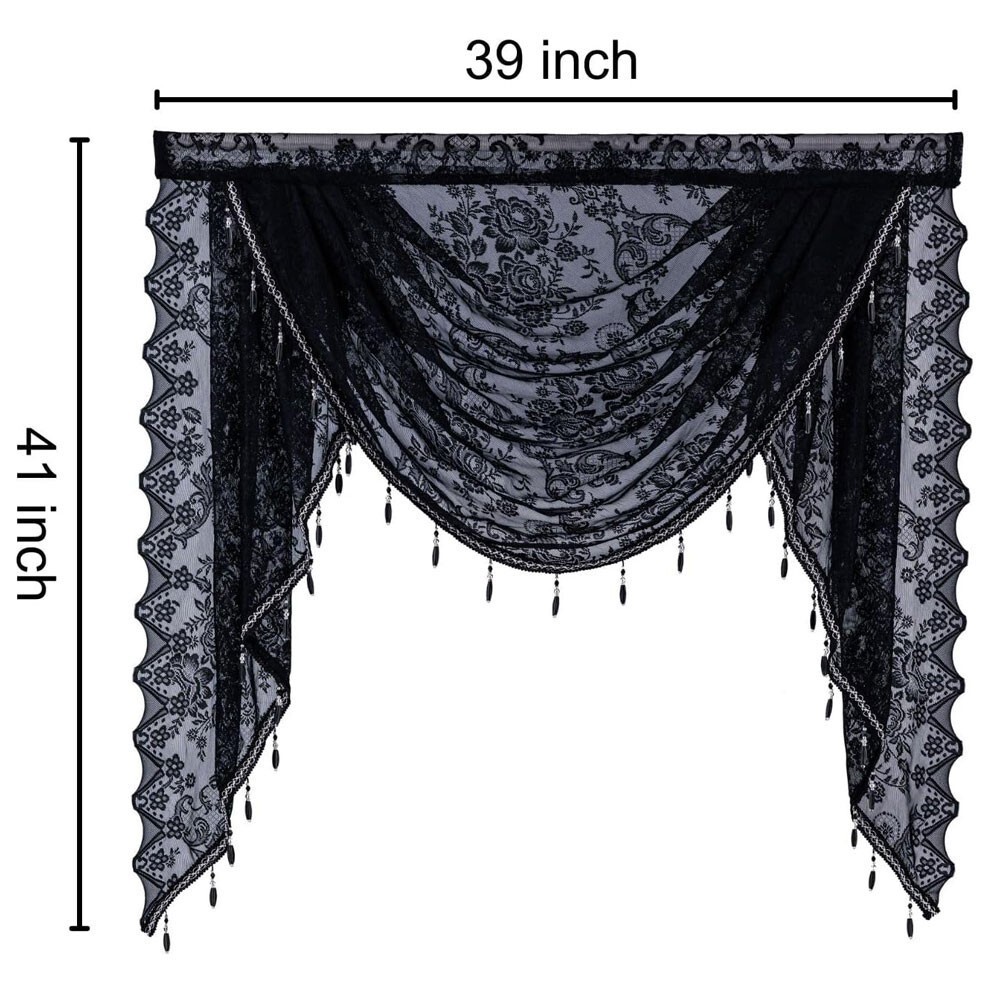 Vintage Embroidered Waterfall Lace Window Curtain Swag Valance with Bead Tassels