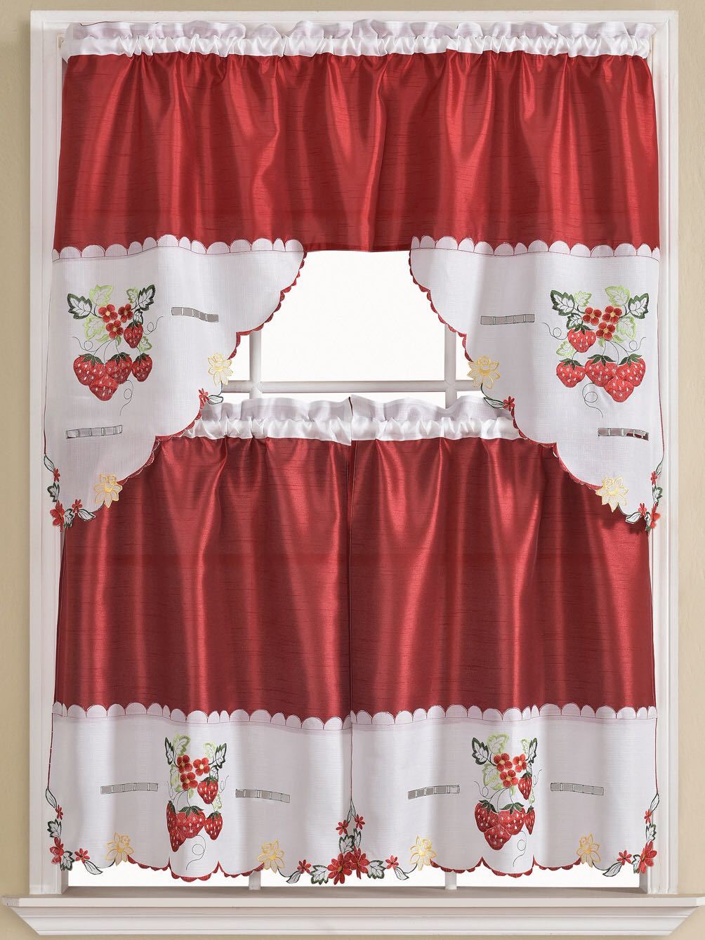 Kitchen Curtains 3 Pc. Set with Attached Valance Tier and Swag Set Red Brown