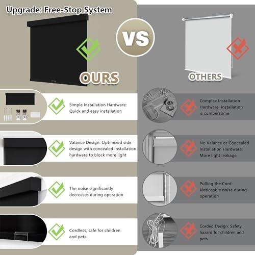 Cordlessout Roller Shades Blinds for Windows Free-Stop,Pull 20″W x 72″H Black