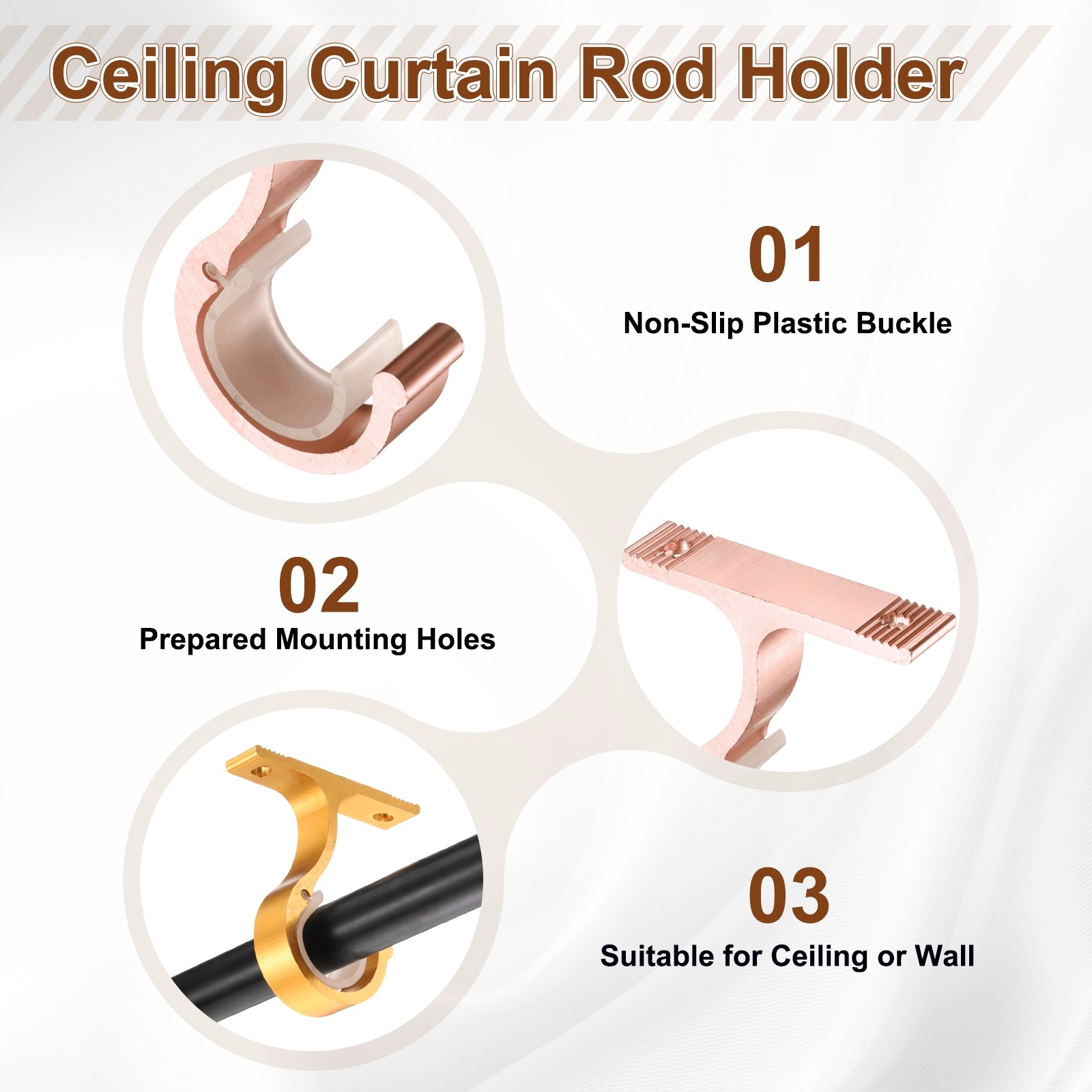 8Pcs Ceiling Curtain Rod Holder Single Drapery Bracket for 1″ Rod Rose Gold