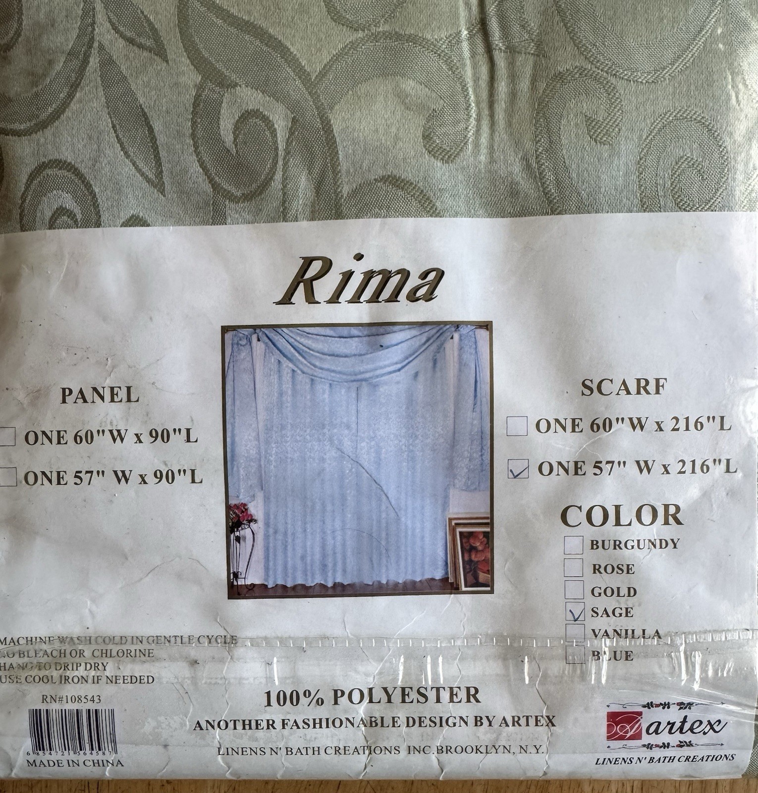 Artex Rima Elegant Jacquared Sage Window Treatment 57” X 216” One Scarf