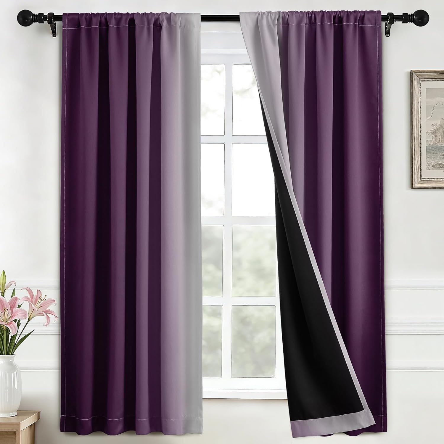 100% Blackout Curtains 63 Inches Long, Room Darkening Purple and Greyish White C