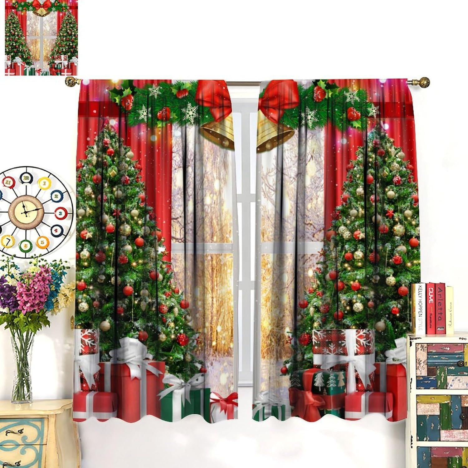 Festive Christmas Window Curtains with Snowy Tree & Bell Design, 84×84 Inch