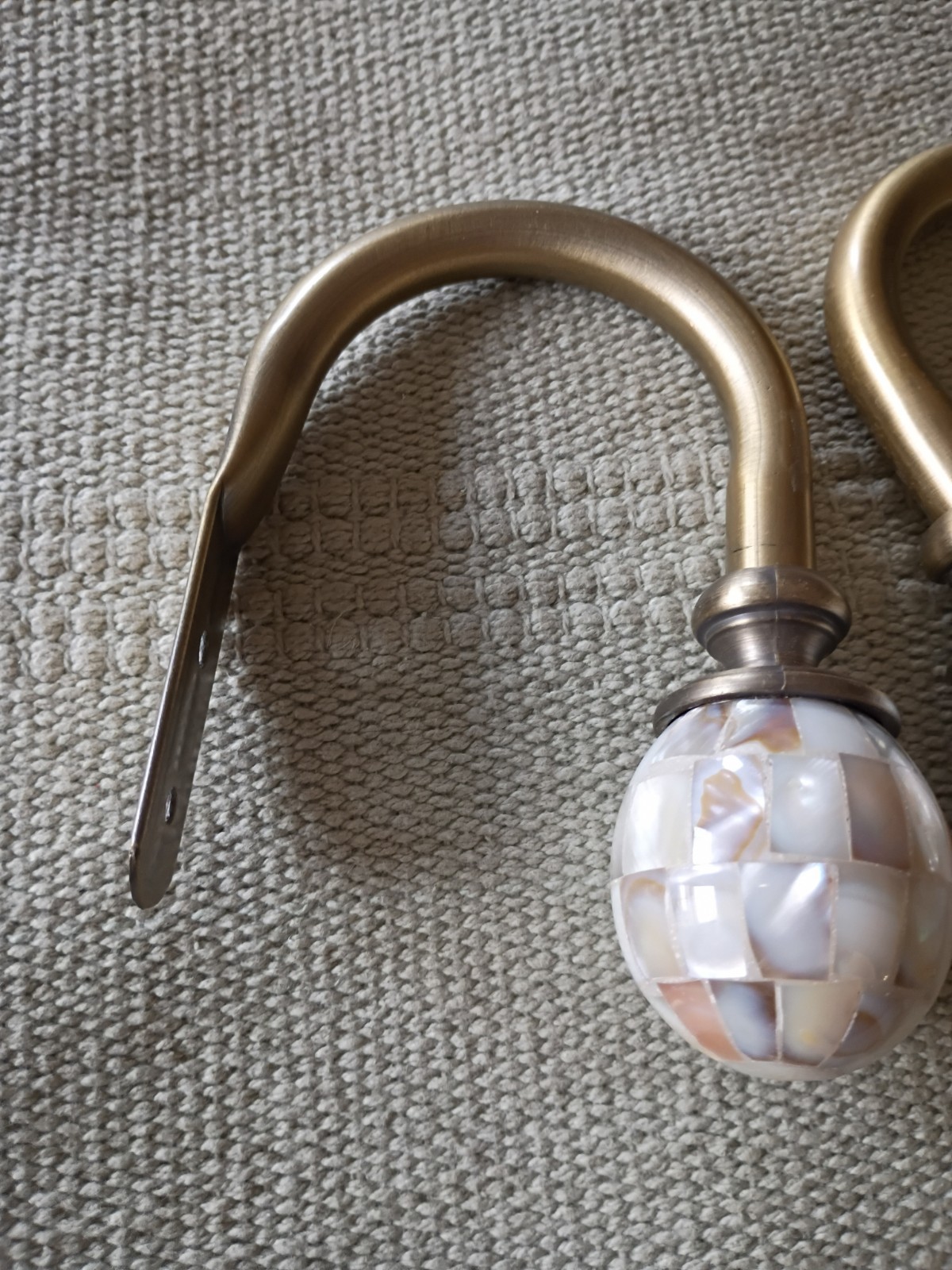 Pair Vtg Curtain Tiebacks Holdbacks Faux Mother of Pearl Aged Brass