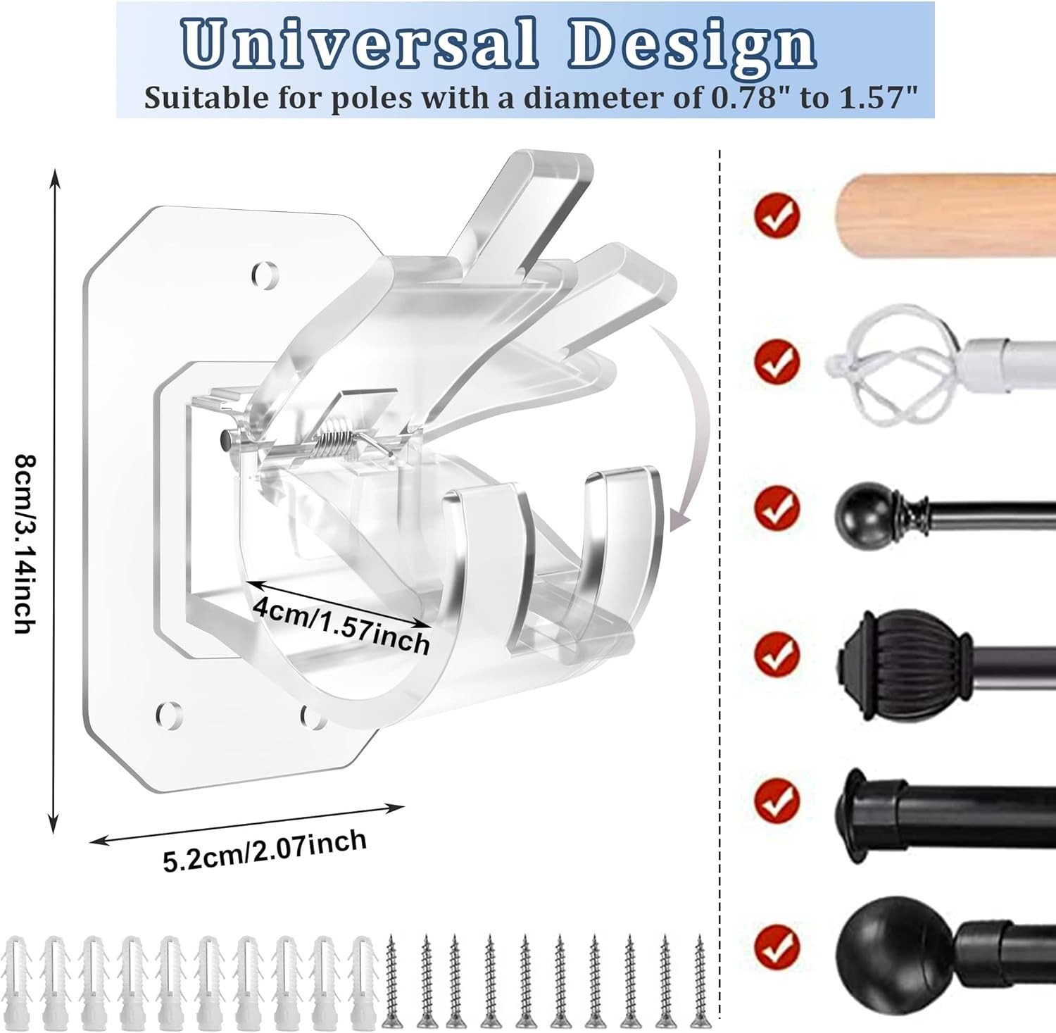 Easy Installation 8PCS Adjustable Curtain Rod Clips, No Drilling Required