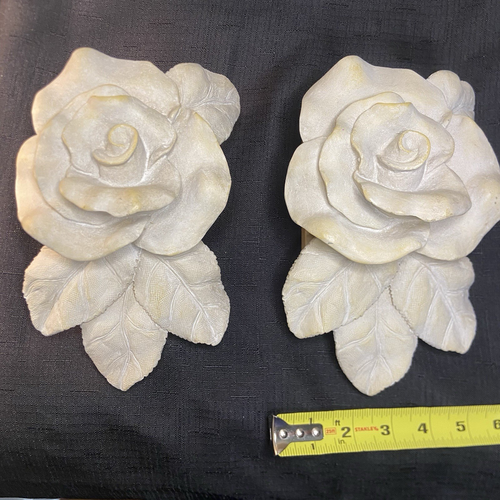 Set of 2 Vintage Ivory Rose Resin Floral Curtain Rod Pole Holders