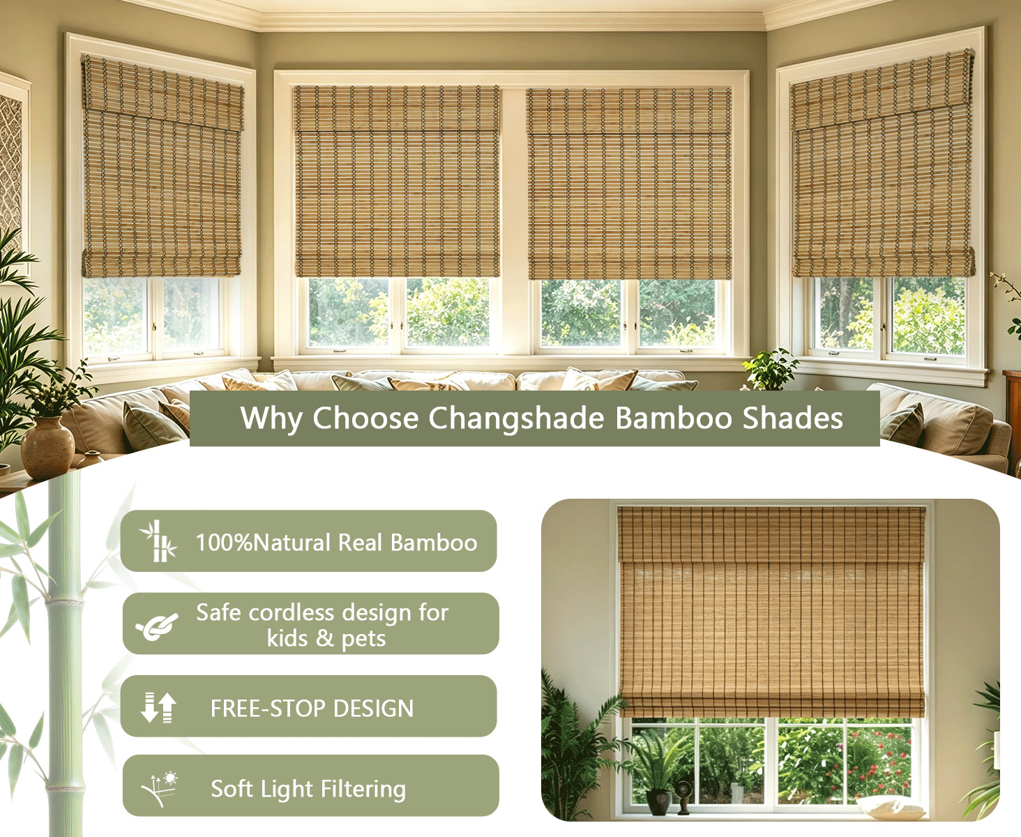 Changshade Cordless Bamboo Window Blinds Sun Shade, Light Filtering Roman Blinds